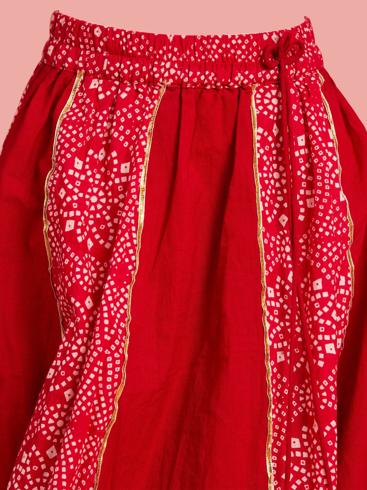 vastramayGirls Ethnic Cotton Cambric Red Bandhani Printed Lehenga Choli Set with Organza Dupatta
