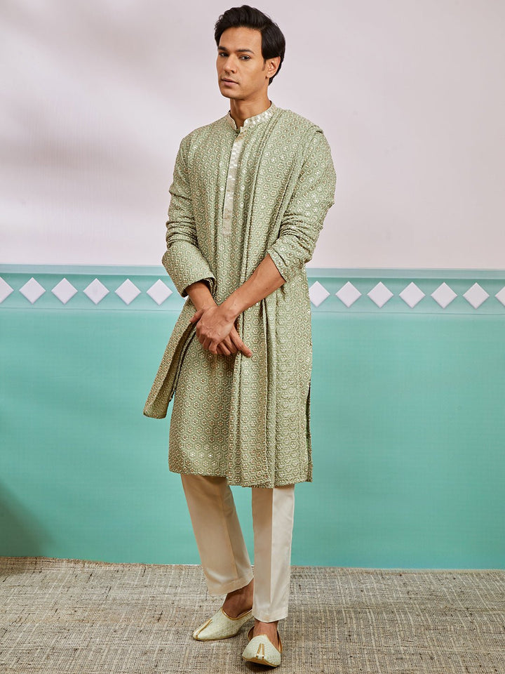 vastramayMen Pista Green Silk Blend Embroidered Dupatta
