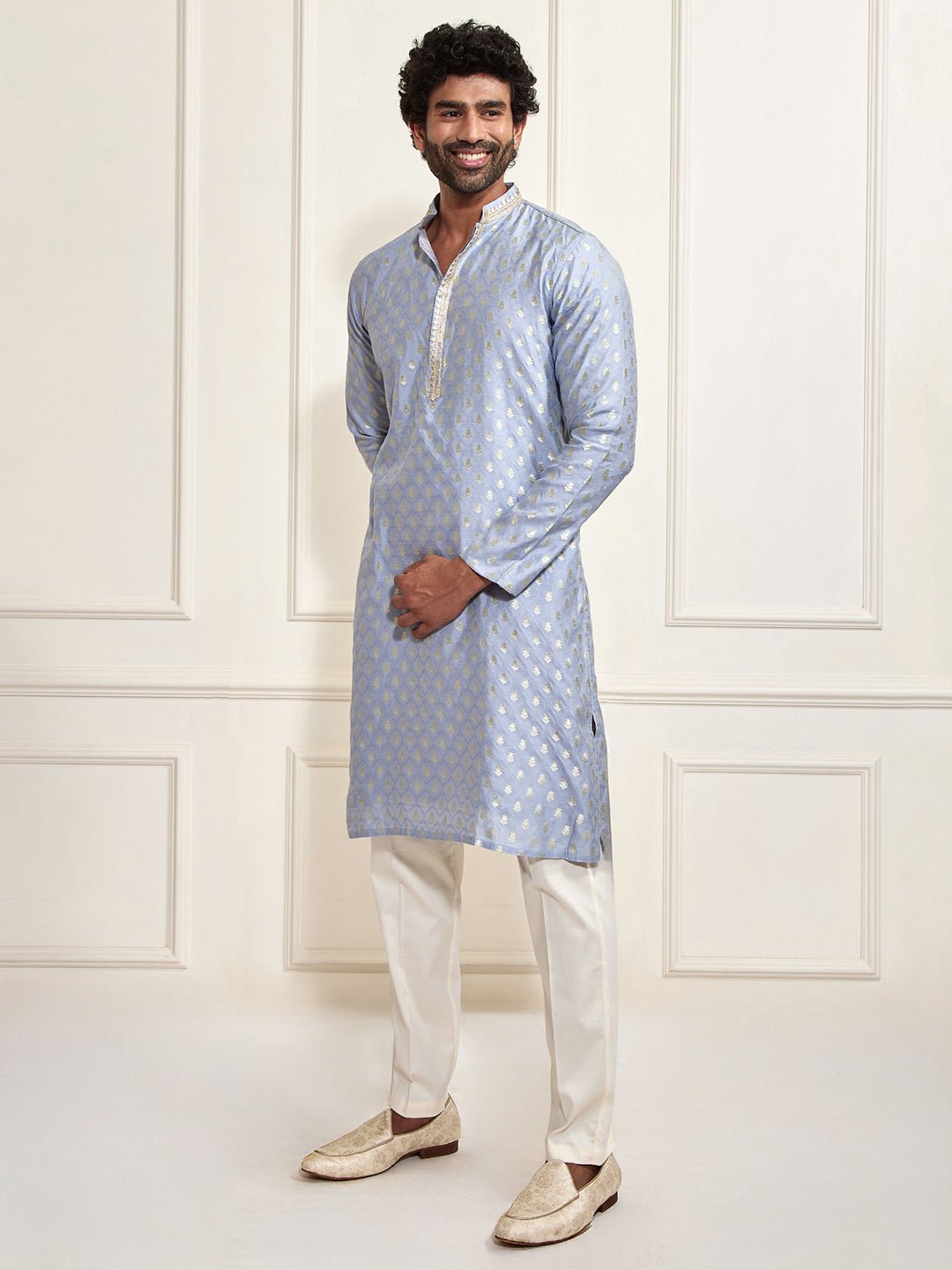 vastramayMen's Aqua Silk Blend Kurta Pyjama Set