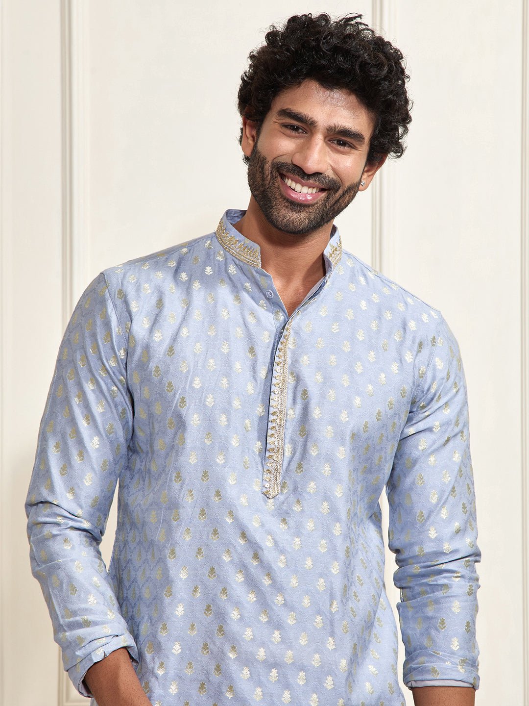 vastramayMen's Aqua Silk Blend Kurta Pyjama Set
