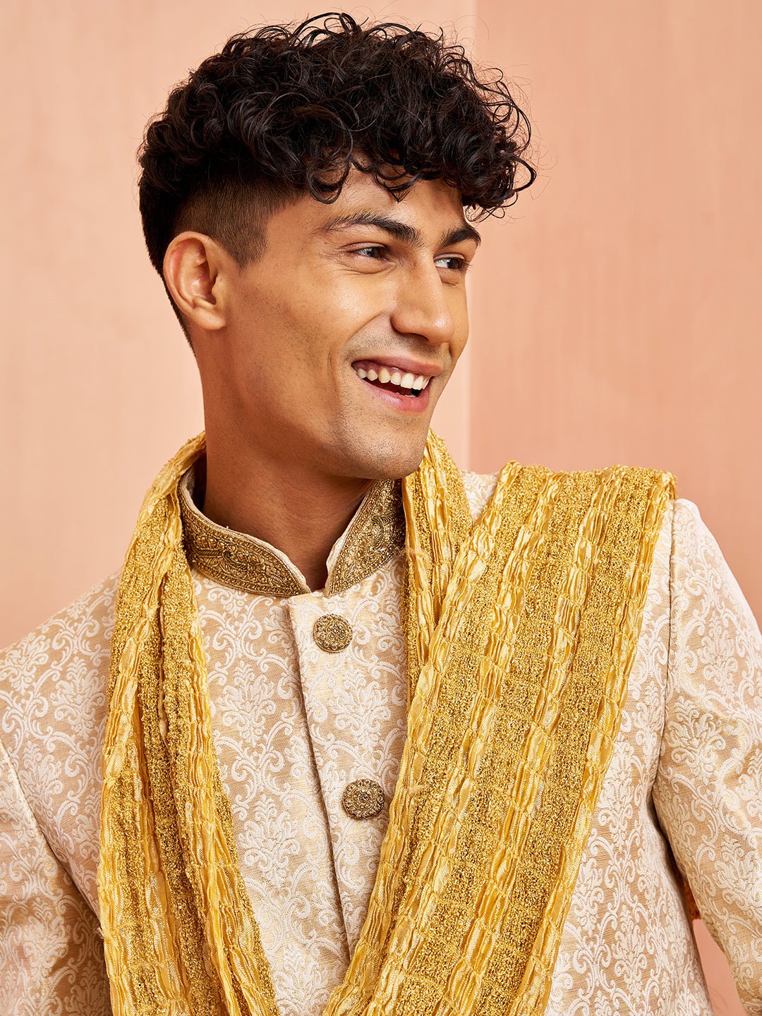 vastramayMen's Beige Jacquard Embroidered Sherwani Set with Cream Pyjama & Gold Dupatta