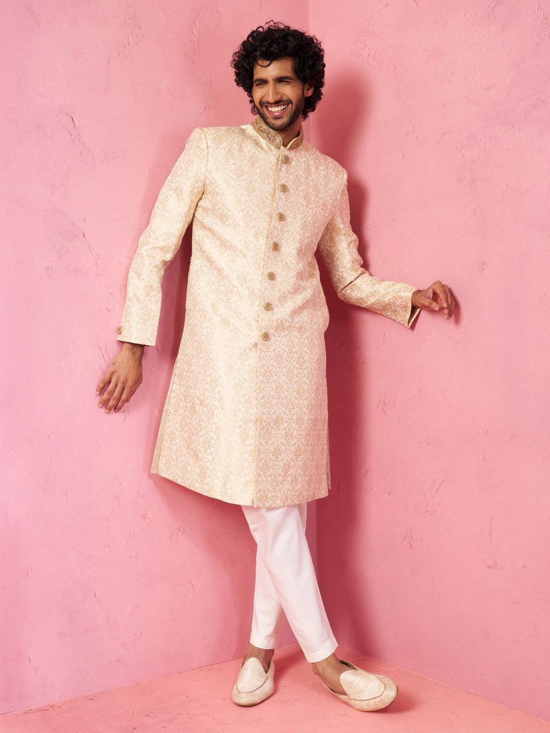 vastramayMen's Beige Silk Blend Sherwani Set with Cream Pyjama