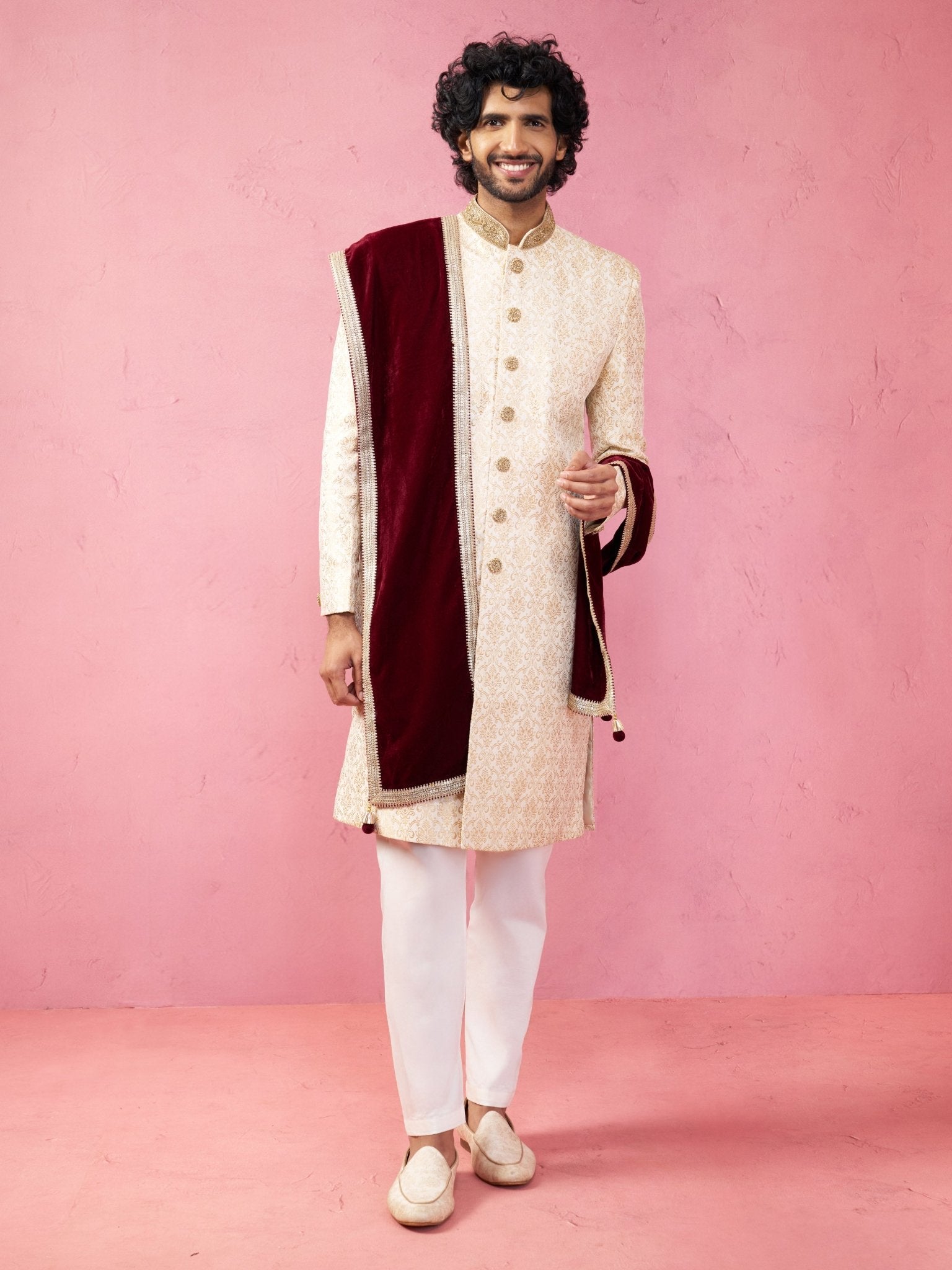 vastramayMen's Beige Silk Sherwani Set with Pyjama & Velvet Dupatta