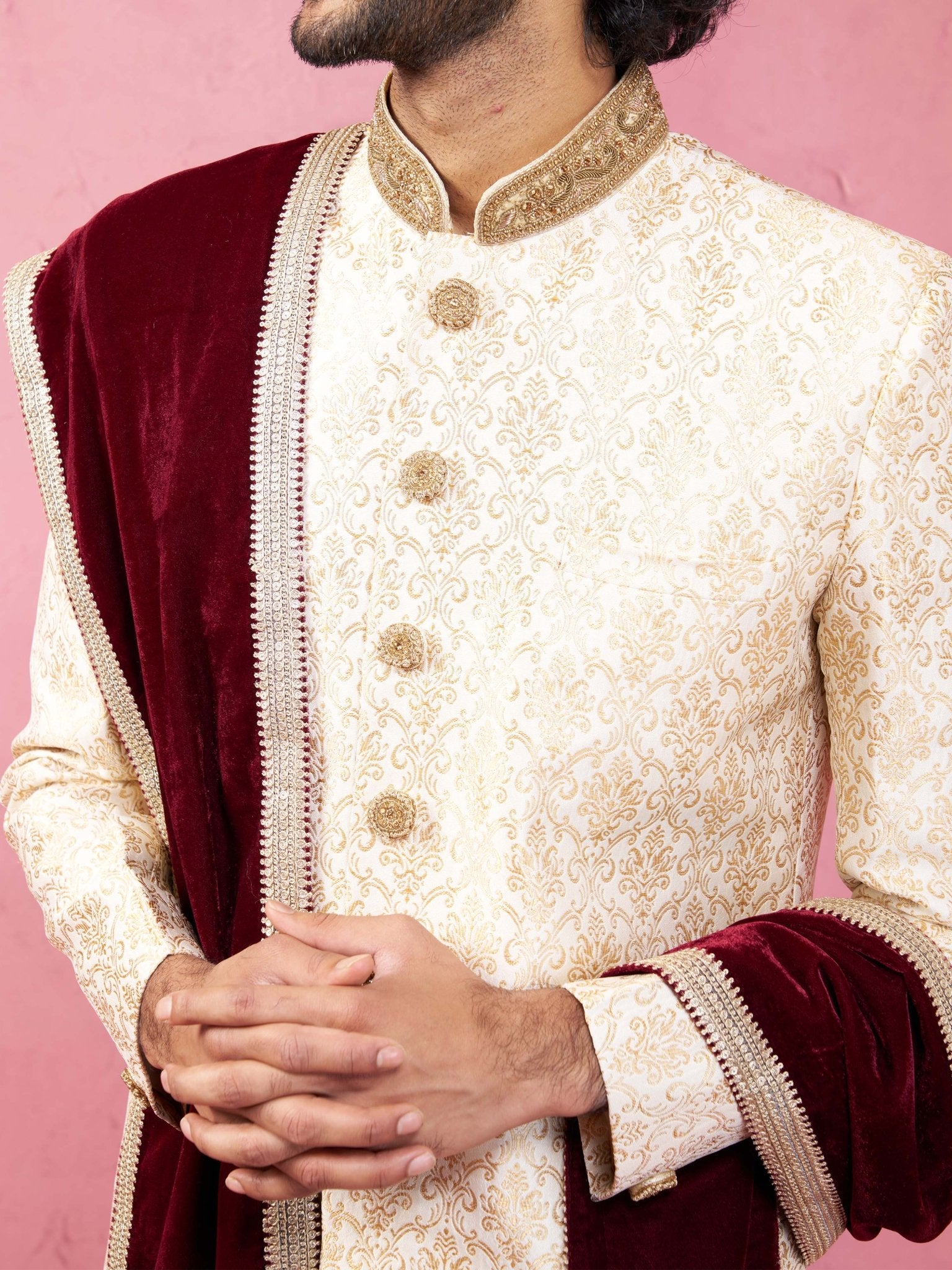 vastramayMen's Beige Silk Sherwani Set with Pyjama & Velvet Dupatta
