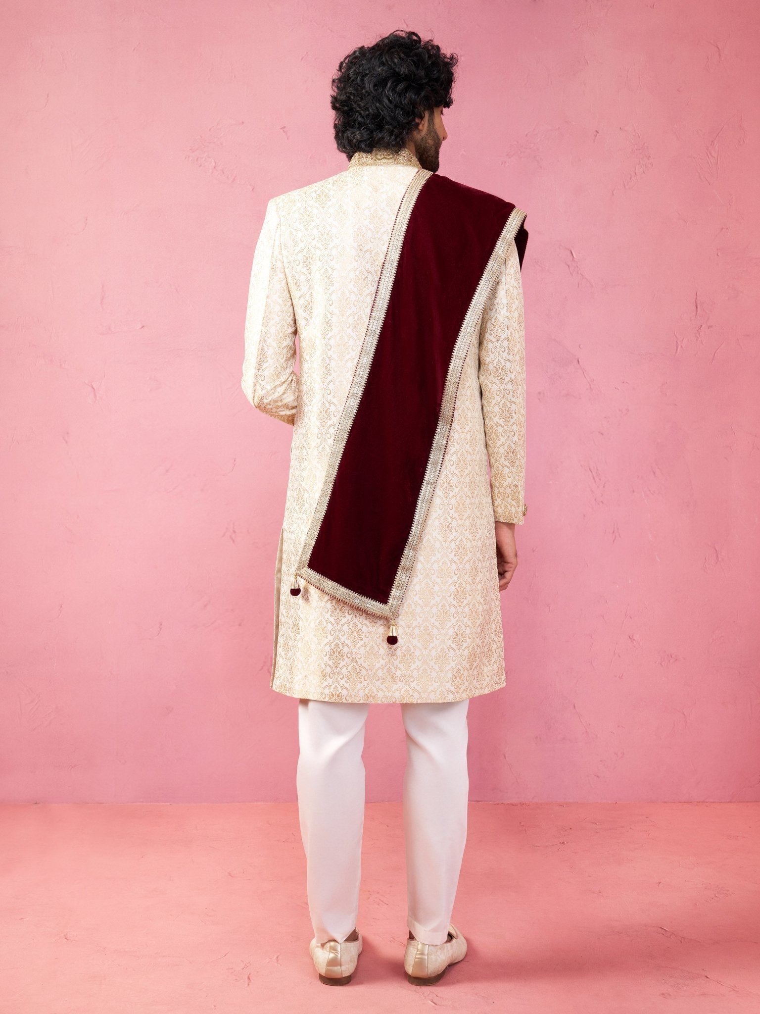 vastramayMen's Beige Silk Sherwani Set with Pyjama & Velvet Dupatta