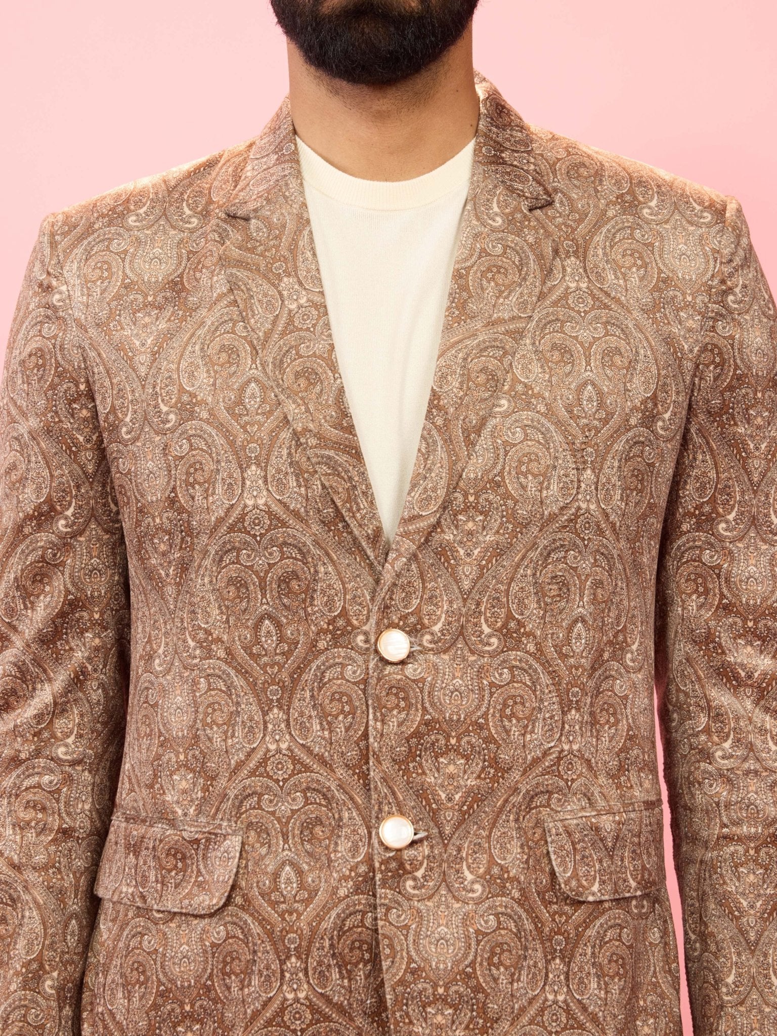 vastramayMen's Beige Velvet Paisley Digital Print Notch Collar Wedding Blazer