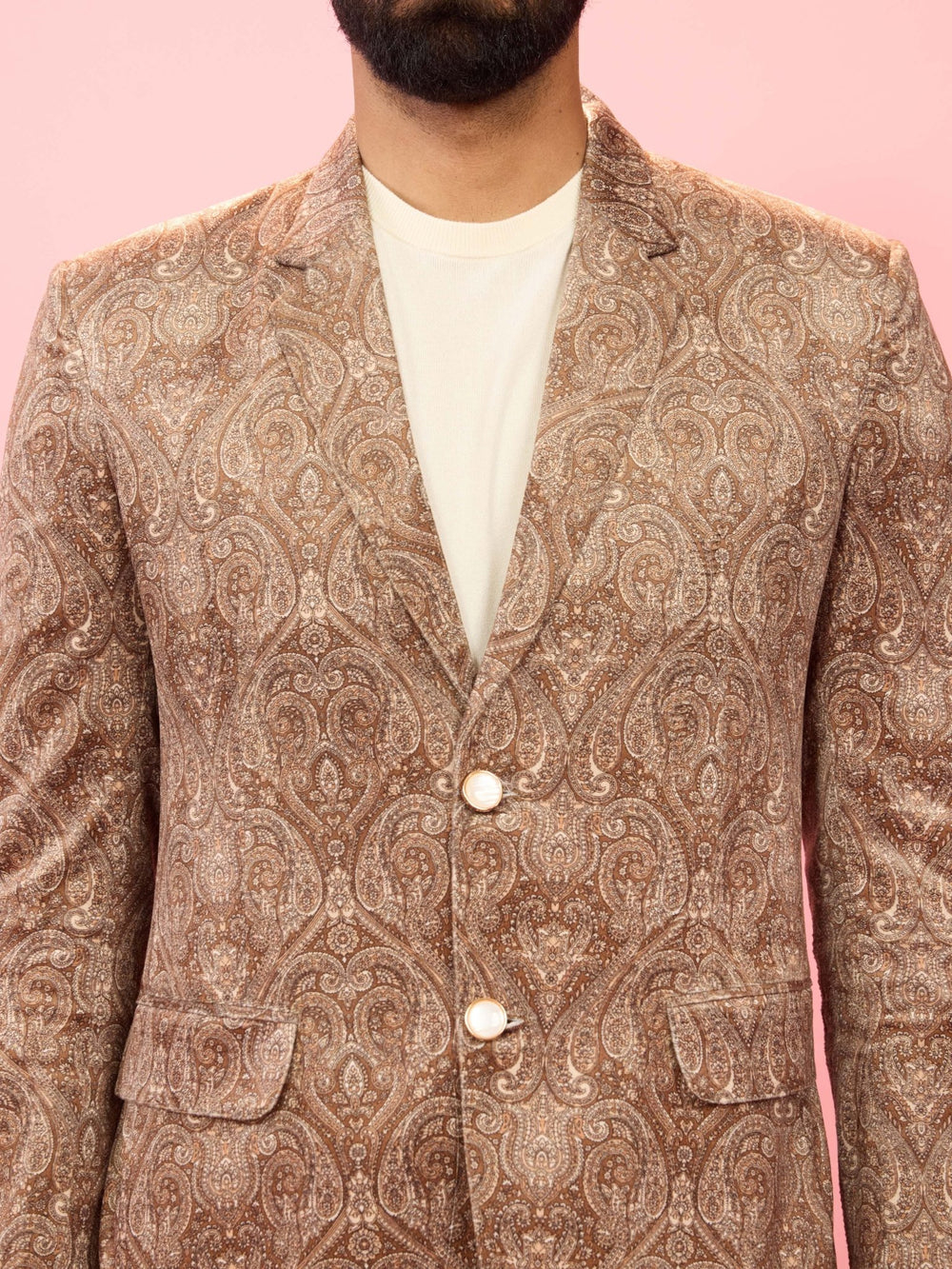 vastramayMen's Beige Velvet Paisley Digital Print Notch Collar Wedding Blazer