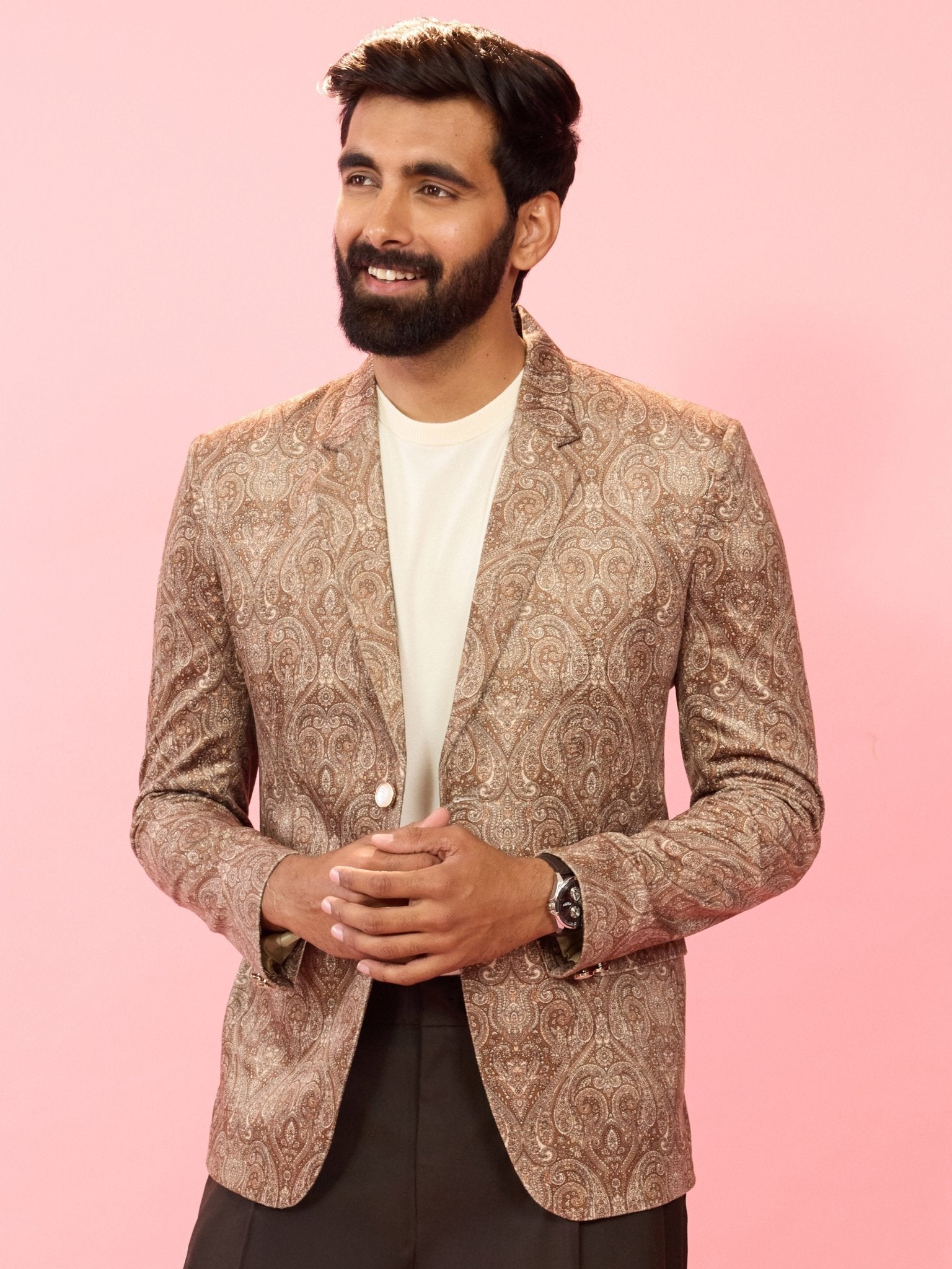 vastramayMen's Beige Velvet Paisley Digital Print Notch Collar Wedding Blazer