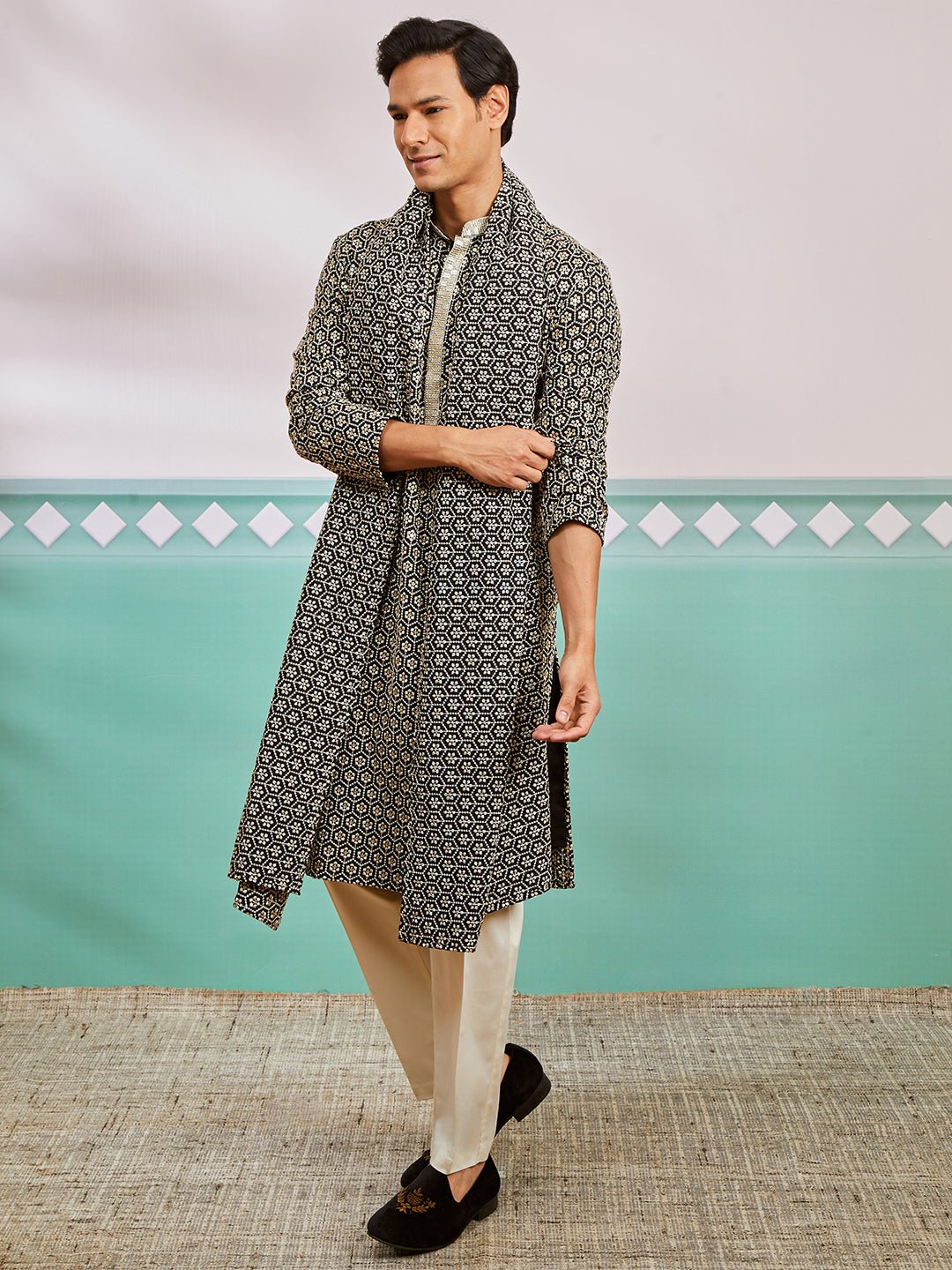 vastramayMen's Black Chikankari Embroidered Kurta Set with Cream Satin Pyjama & Black Dupatta