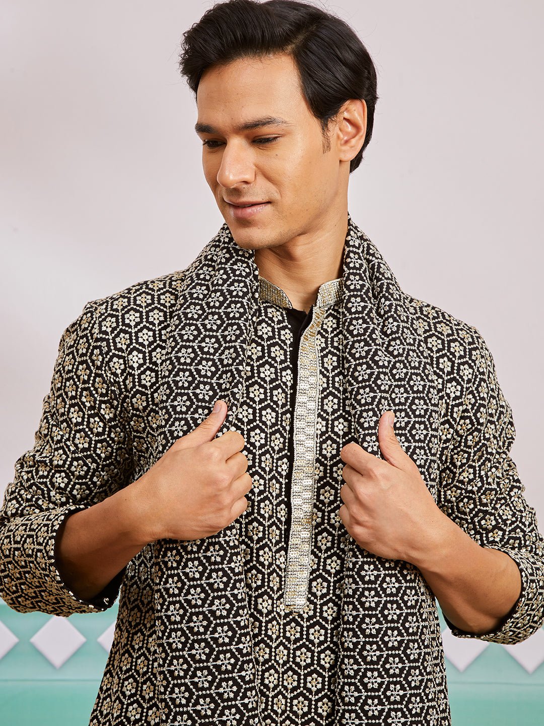 vastramayMen's Black Chikankari Embroidered Kurta Set with Cream Satin Pyjama & Black Dupatta