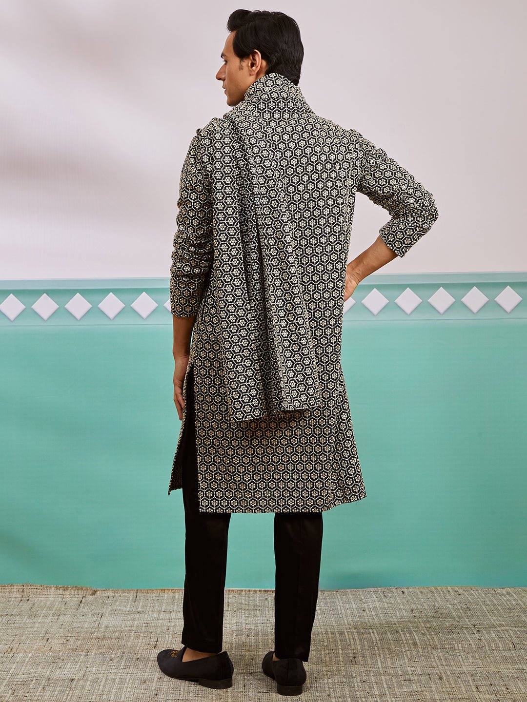 vastramayMen's Black Chikankari Embroidered Kurta Set with Fine Satin Pyjama & Embroidered Dupatta