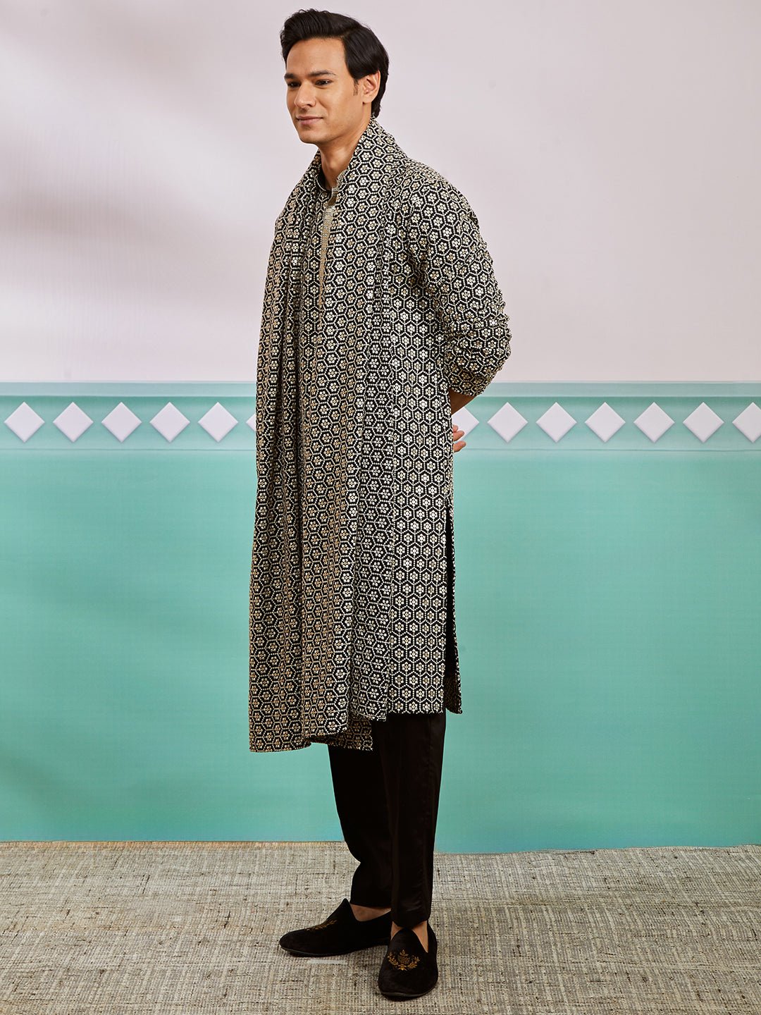 vastramayMen's Black Chikankari Embroidered Kurta Set with Fine Satin Pyjama & Embroidered Dupatta