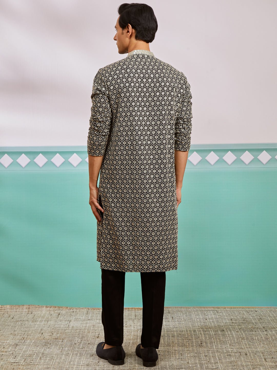 vastramayMen's Black Chikankari Embroidered Rayon Kurta with Fine Satin Pyjama Set