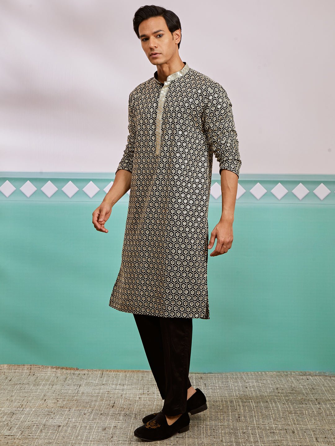vastramayMen's Black Chikankari Embroidered Rayon Kurta with Fine Satin Pyjama Set