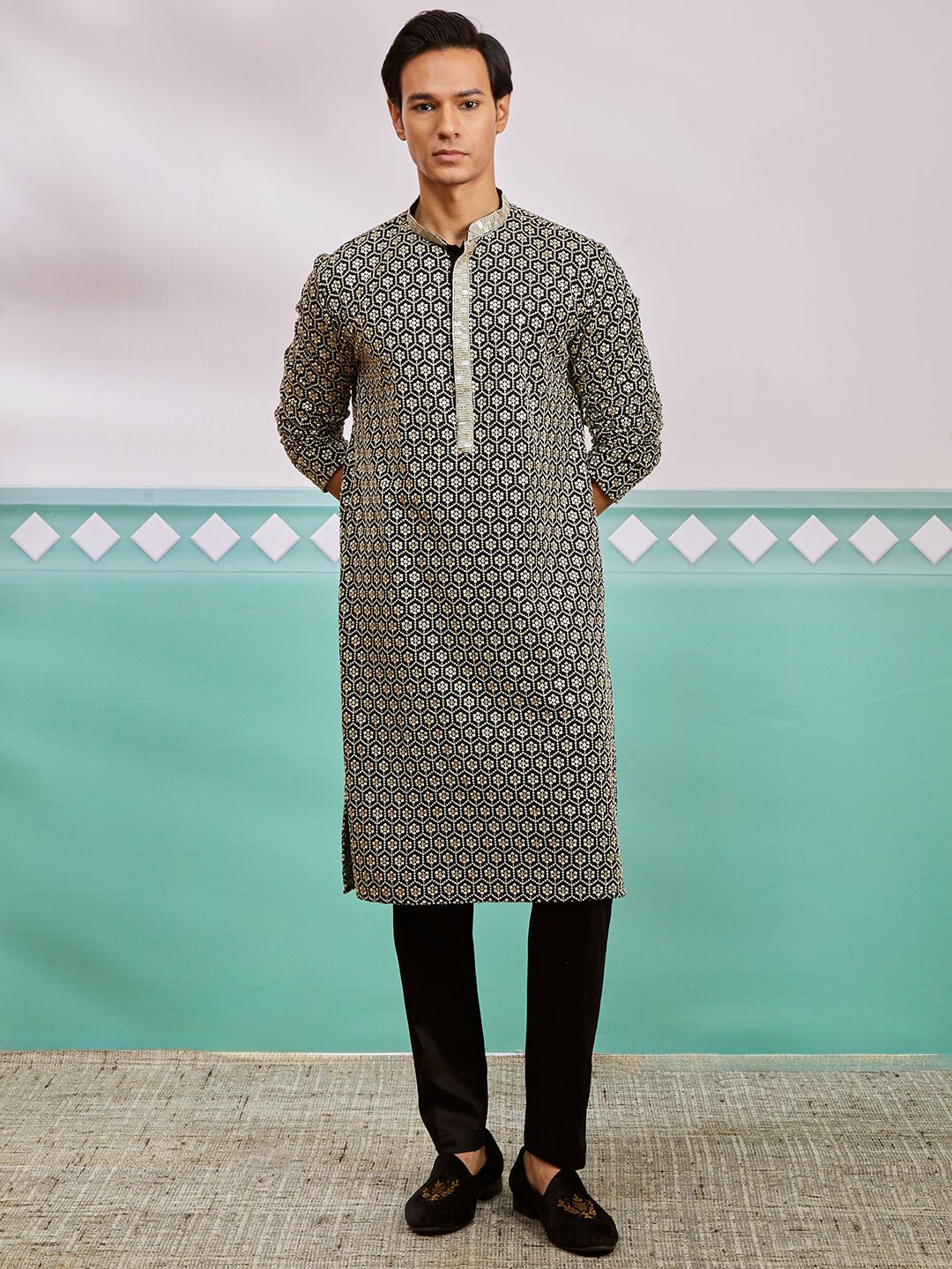 vastramayMen's Black Chikankari Embroidered Rayon Kurta with Fine Satin Pyjama Set