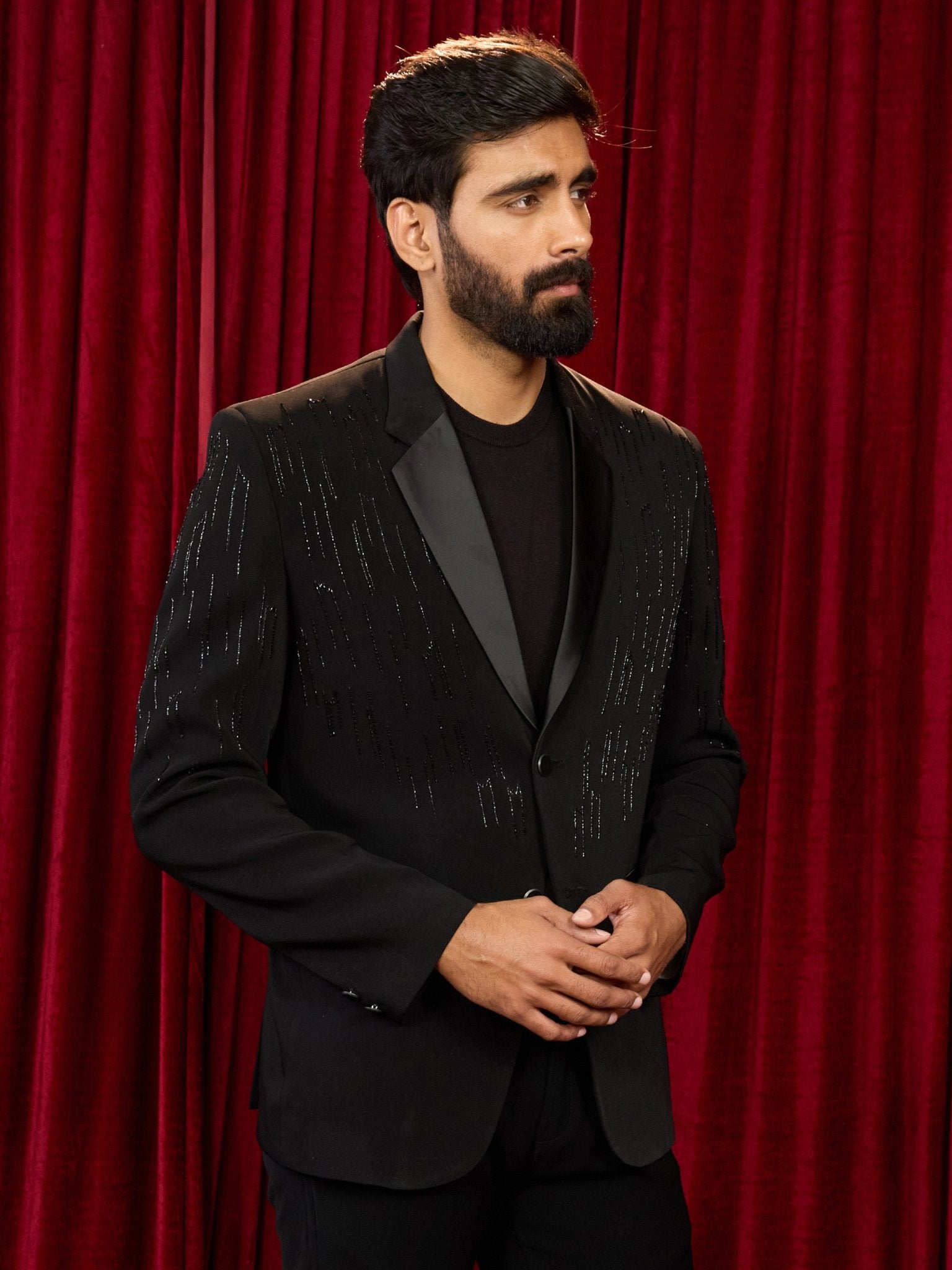 vastramayMen's Black Cutdana Work Geometric Notch Collar Wedding Blazer