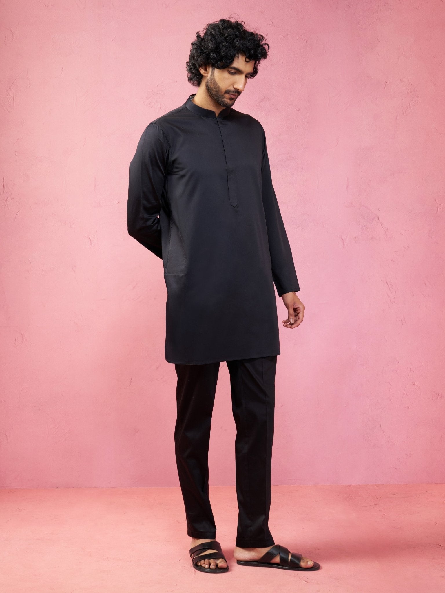 vastramayMen's Black Fine Satin Kurta Set with Matching Pant