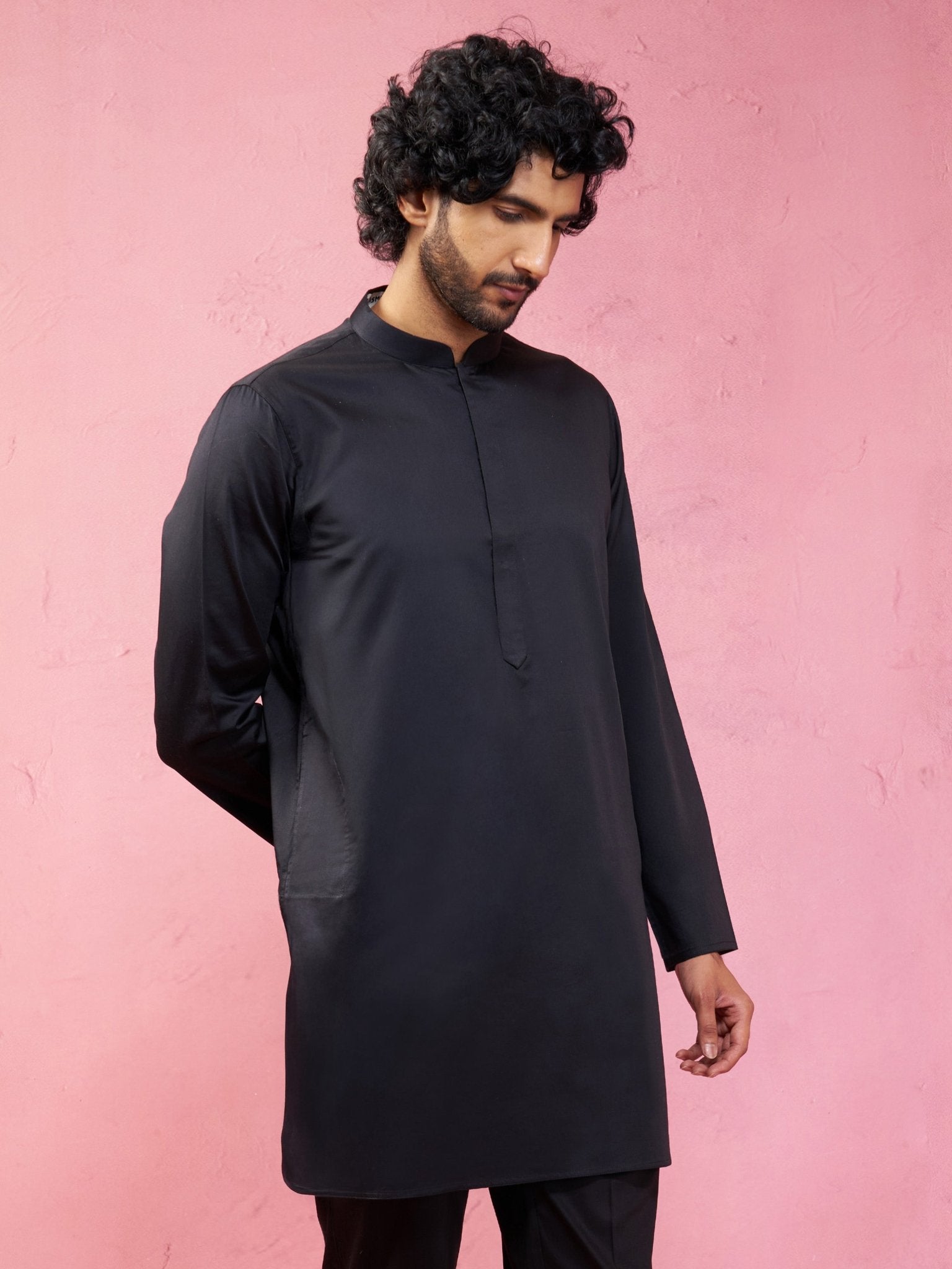 vastramayMen's Black Fine Satin Kurta