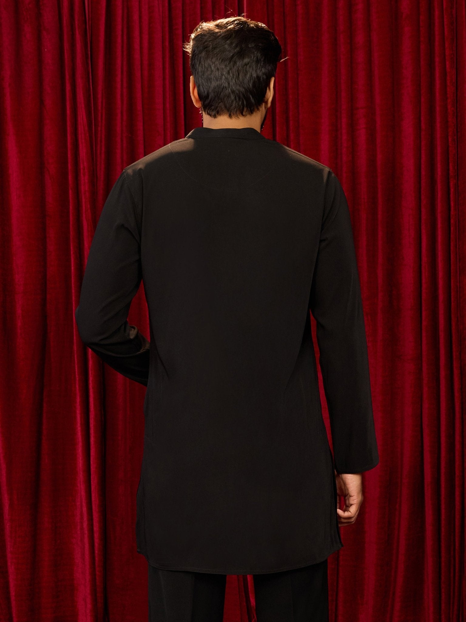 vastramayMen's Black Imported Suiting Sequin Beads Geometric Neckline Embroidered Mid - Length Kurta