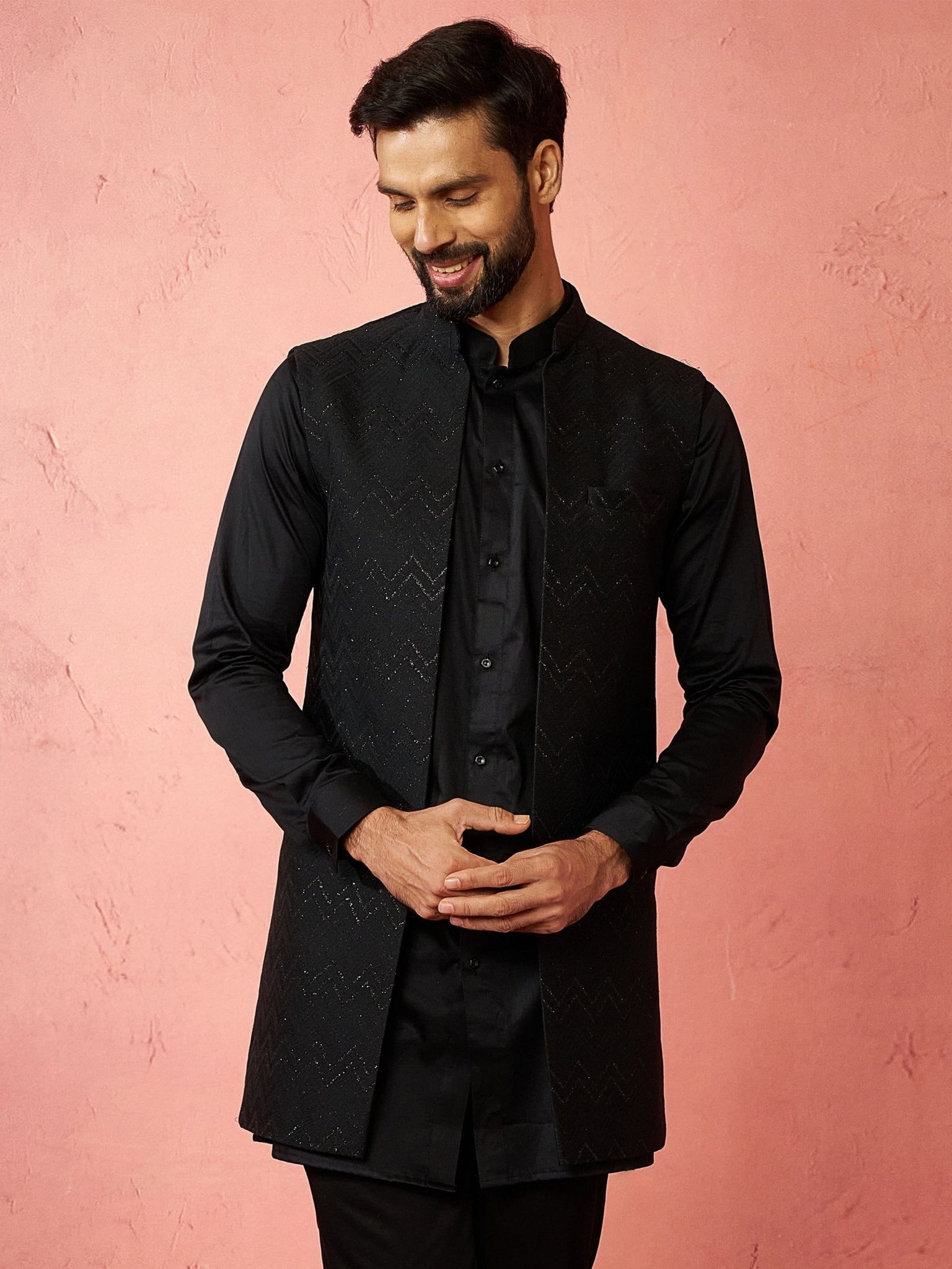 vastramayMen's Black Maharaja Jacquard Nehru Jacket
