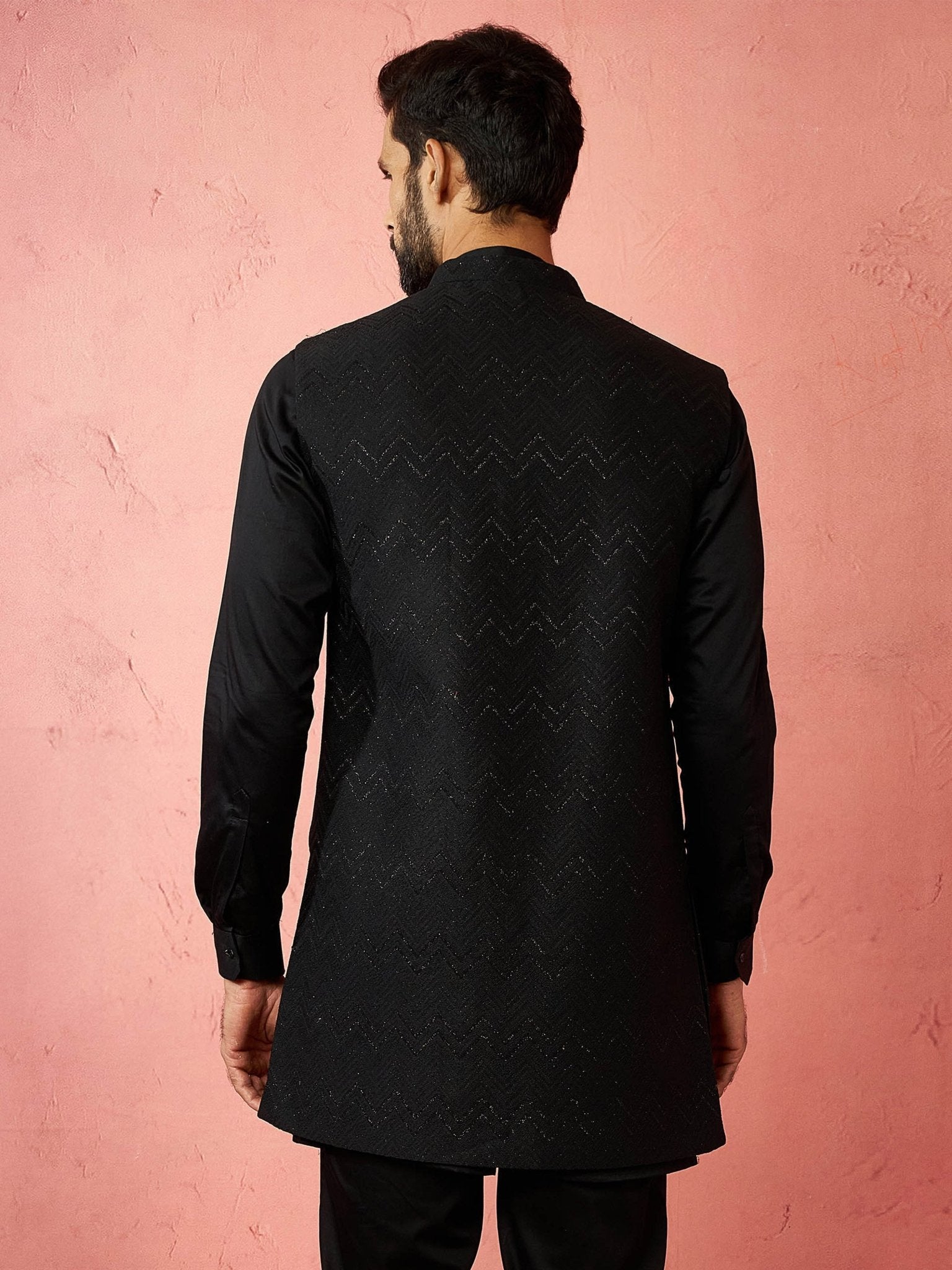 vastramayMen's Black Maharaja Jacquard Nehru Jacket