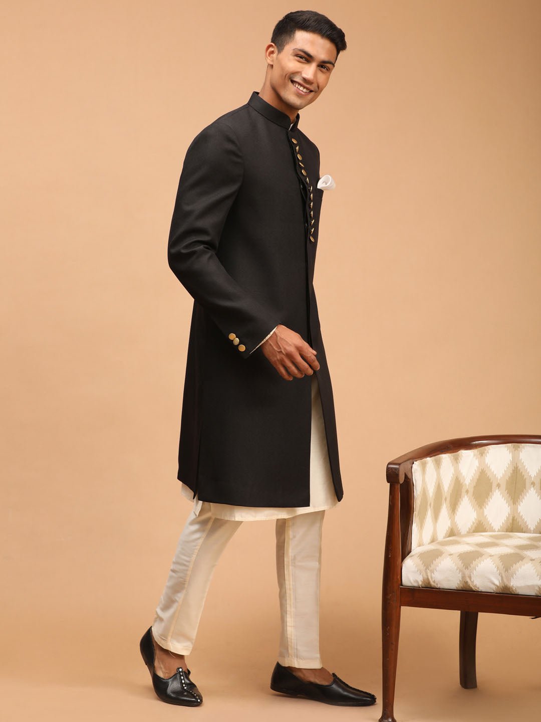 vastramayMen’s Black Platinum Sherwani with Cream Kurta & Pyjama 3 - Piece Wedding Set