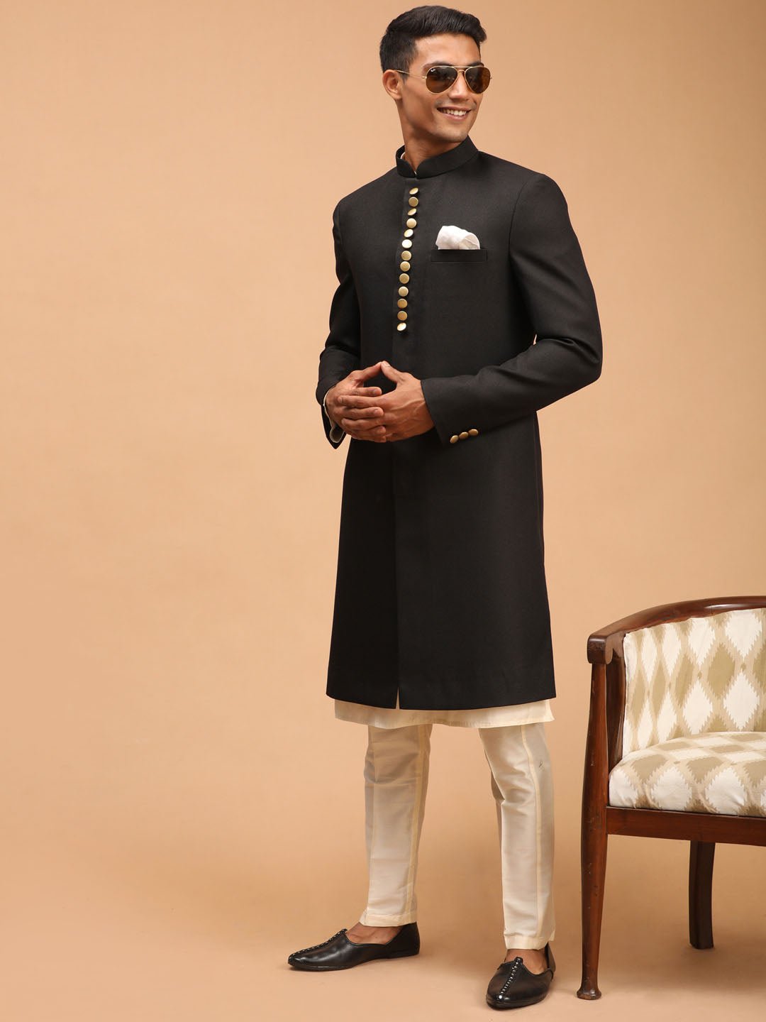 vastramayMen’s Black Platinum Sherwani with Cream Kurta & Pyjama 3 - Piece Wedding Set