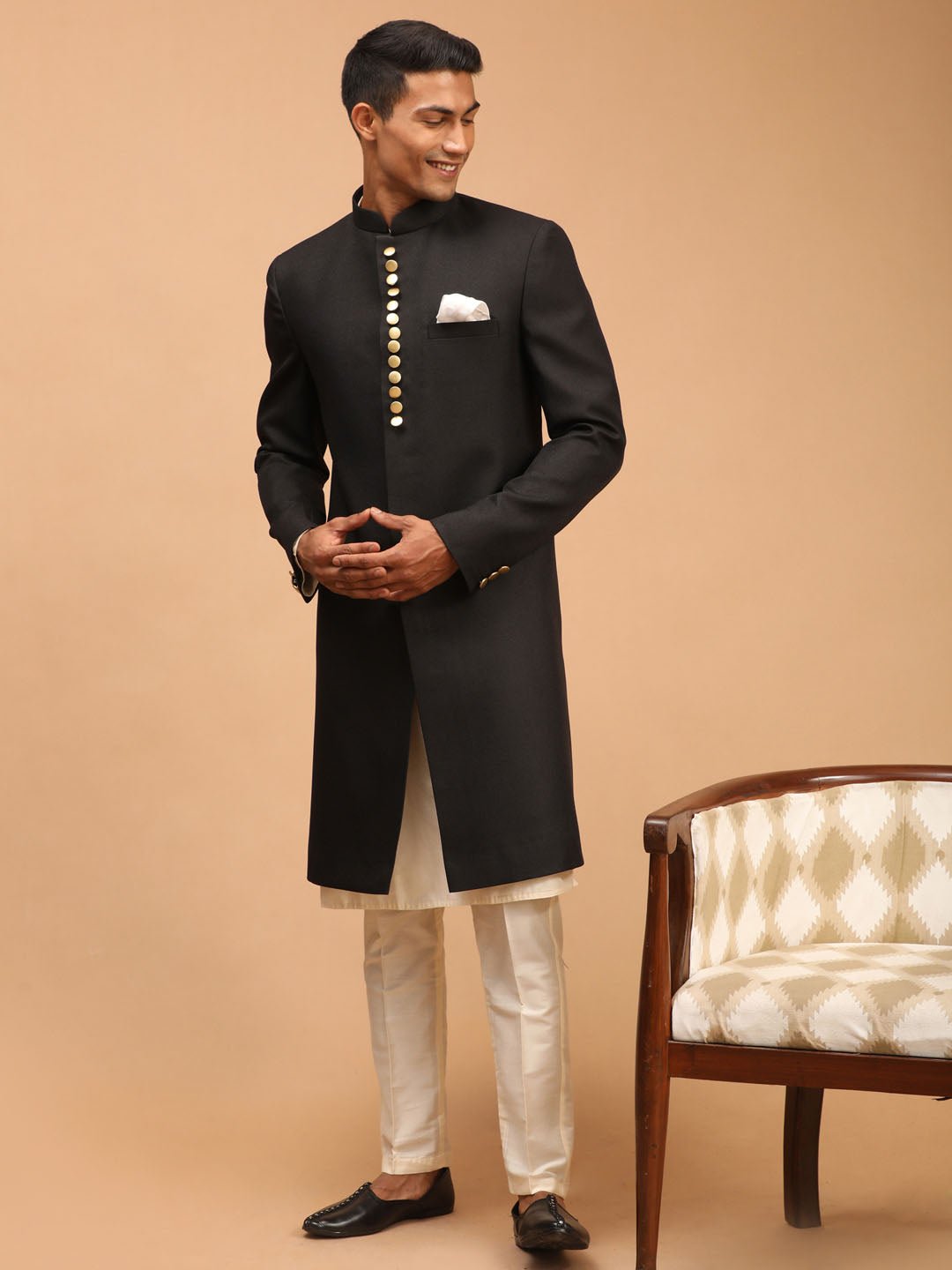 vastramayMen’s Black Platinum Sherwani with Cream Kurta & Pyjama 3 - Piece Wedding Set