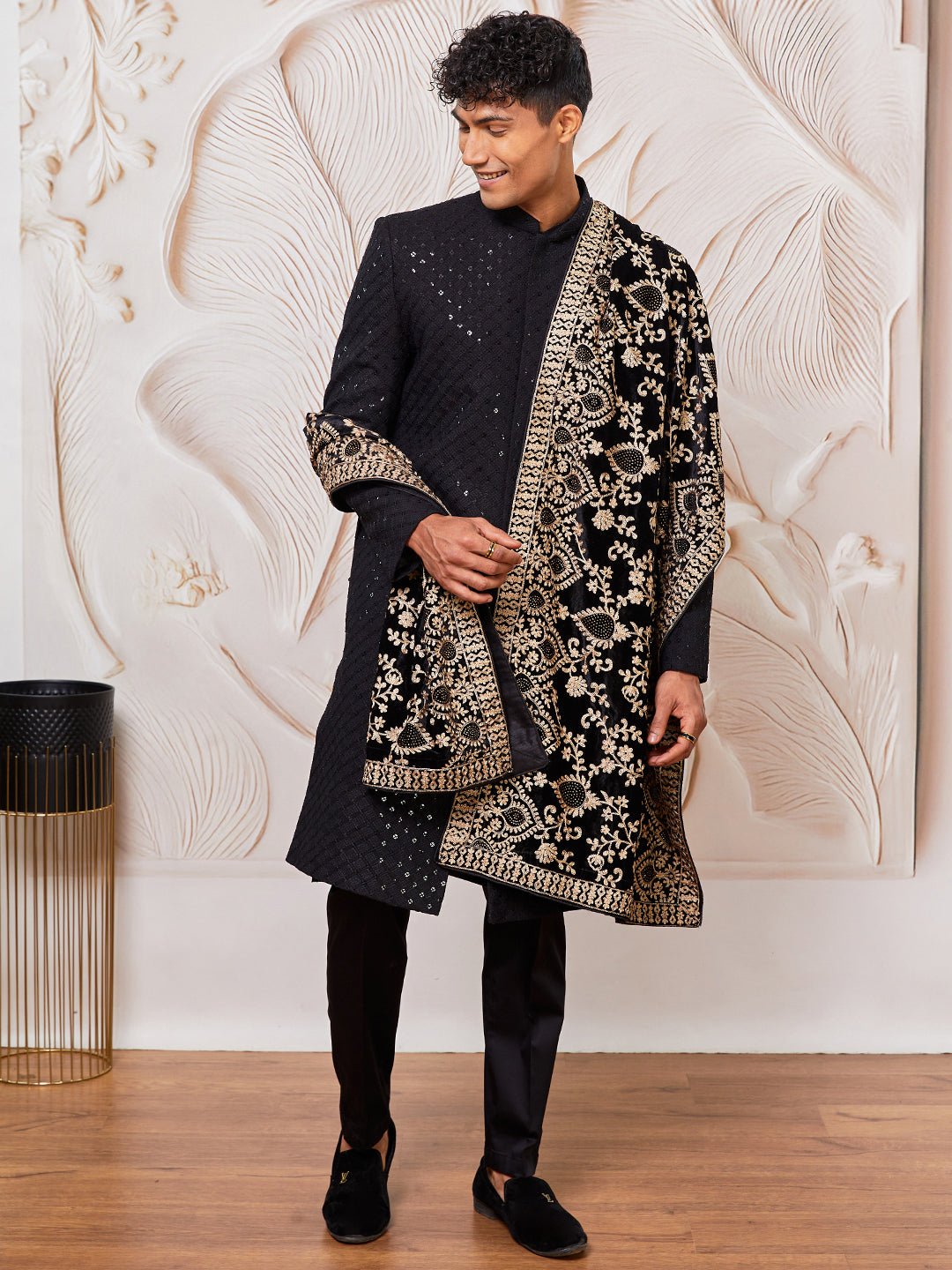 vastramayMen's Black Sequin Sherwani Set with Kurta Pyjama & Embroidered Velvet Dupatta