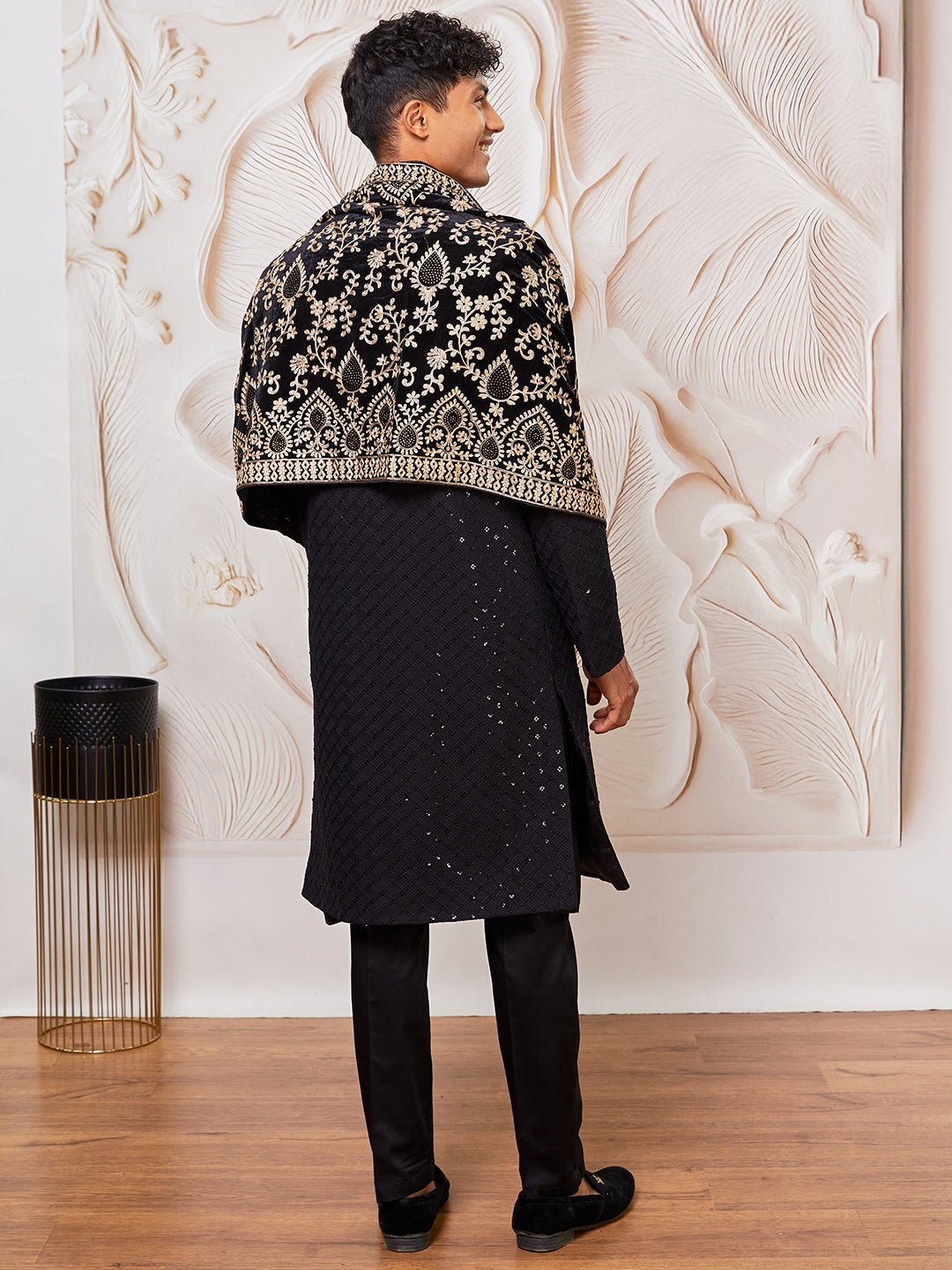 vastramayMen's Black Sequin Sherwani Set with Kurta Pyjama & Embroidered Velvet Dupatta