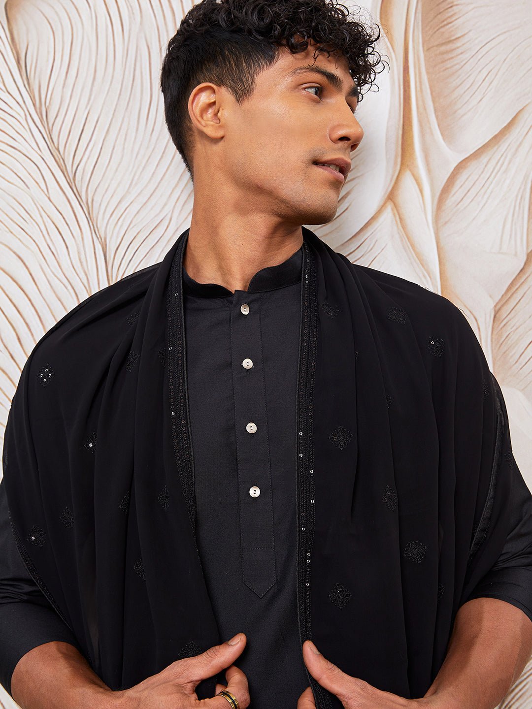 vastramayMen's Black Silk Blend Kurta Pyjama Dupatta Set