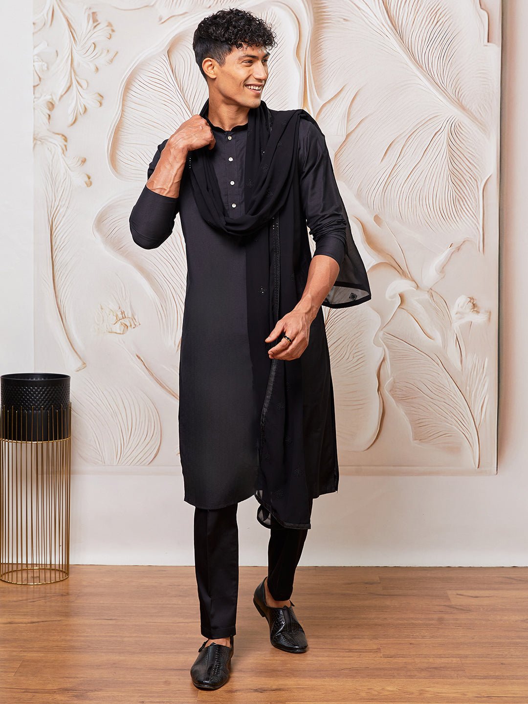 vastramayMen's Black Silk Blend Kurta Pyjama Dupatta Set