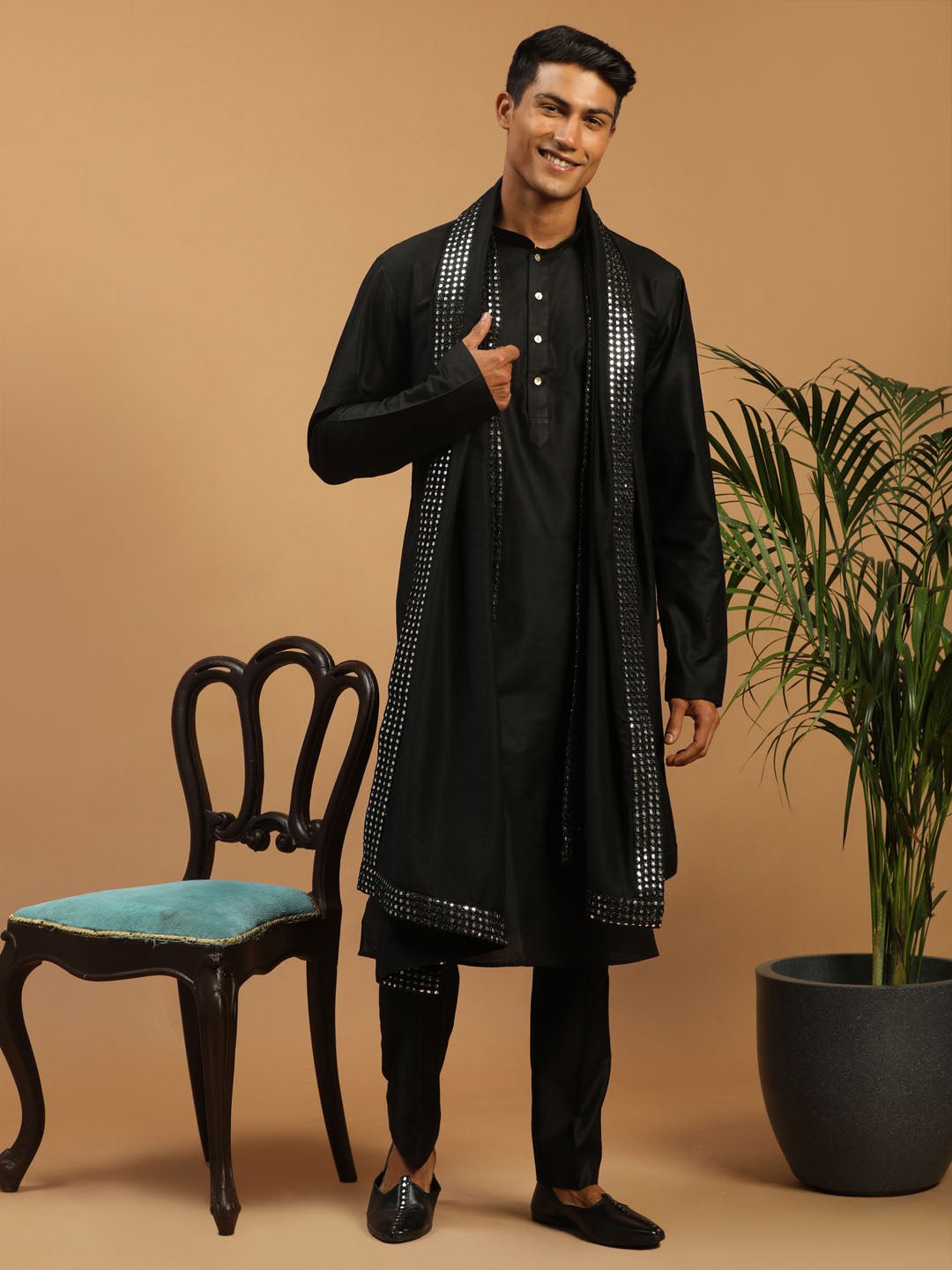vastramayMen's Black Silk Blend Kurta Pyjama Set with Mirror Work Dupatta
