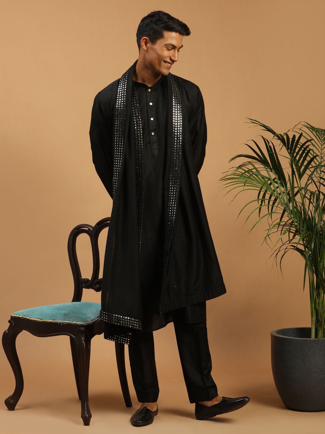vastramayMen's Black Silk Blend Kurta Pyjama Set with Mirror Work Dupatta