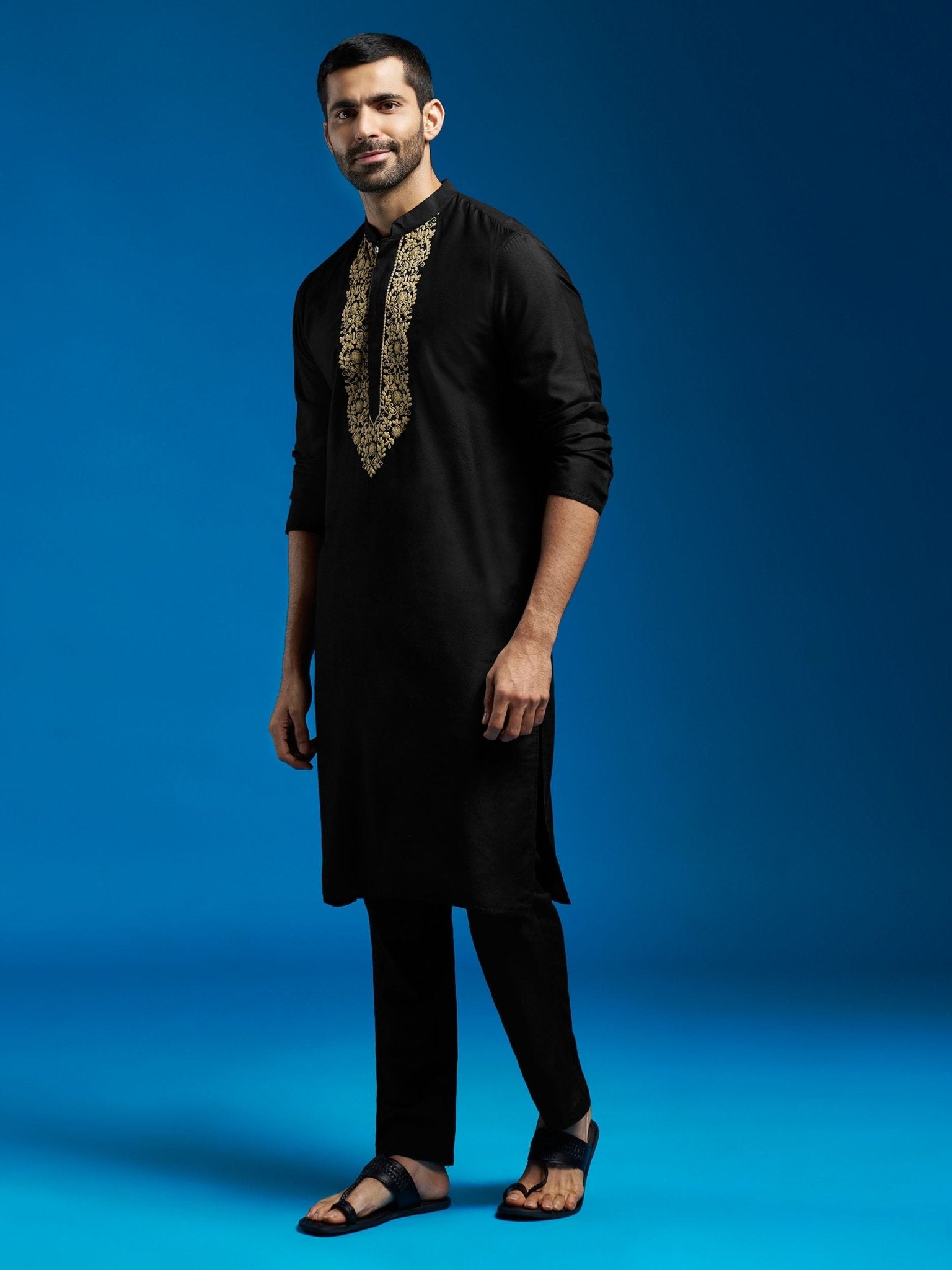 vastramayMen's Black Viscose Hand Embroidered Floral Kurta with Satin Pyjama