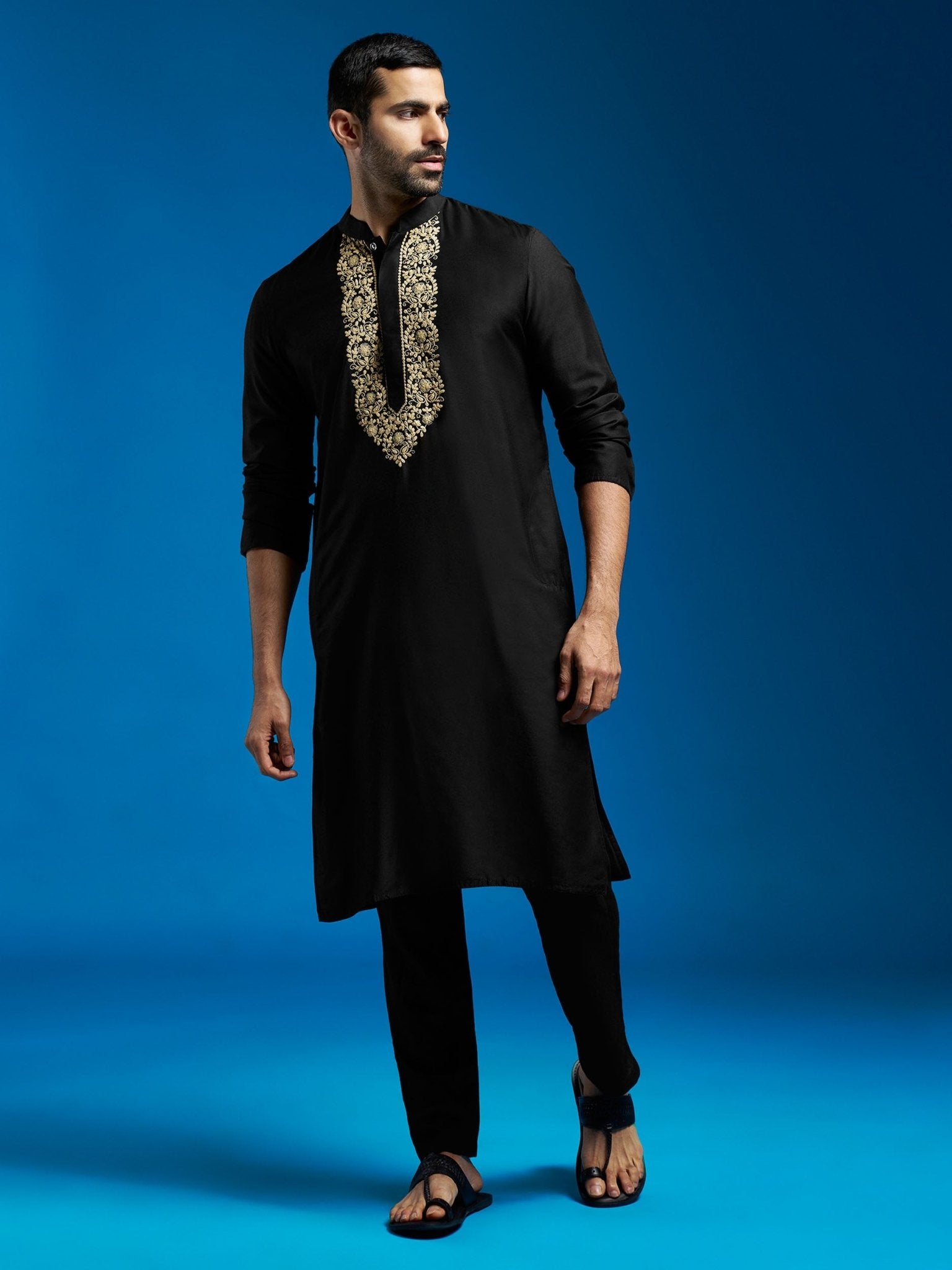 vastramayMen's Black Viscose Hand Embroidered Floral Kurta with Satin Pyjama