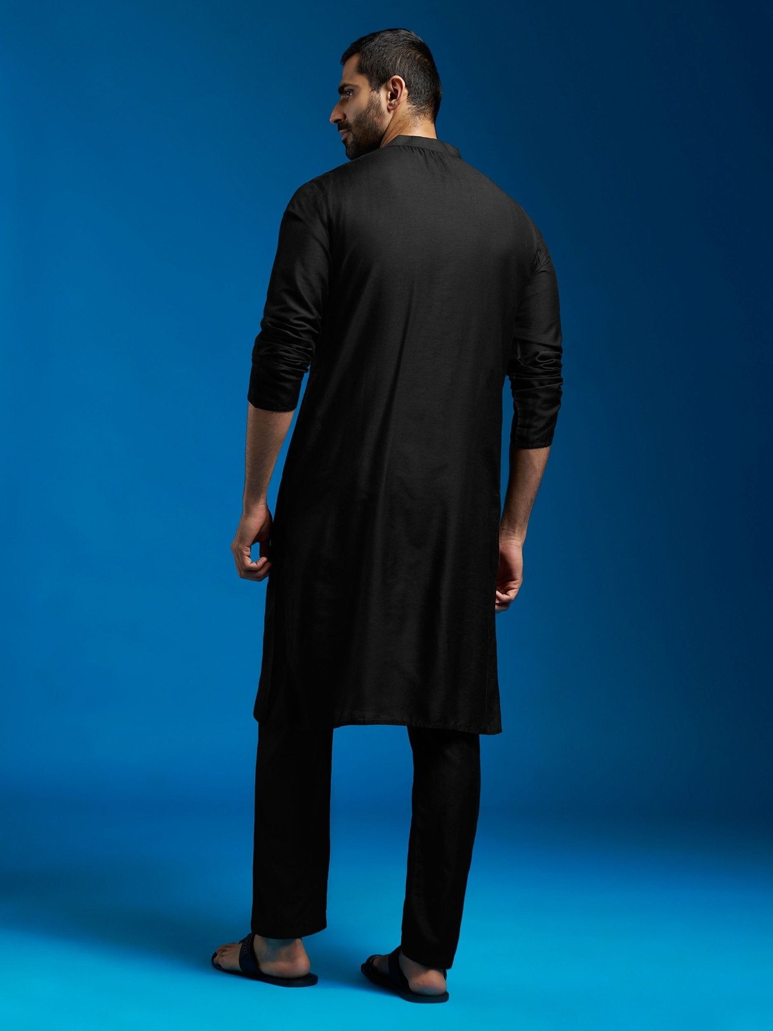 vastramayMen's Black Viscose Hand Embroidered Floral Kurta with Satin Pyjama