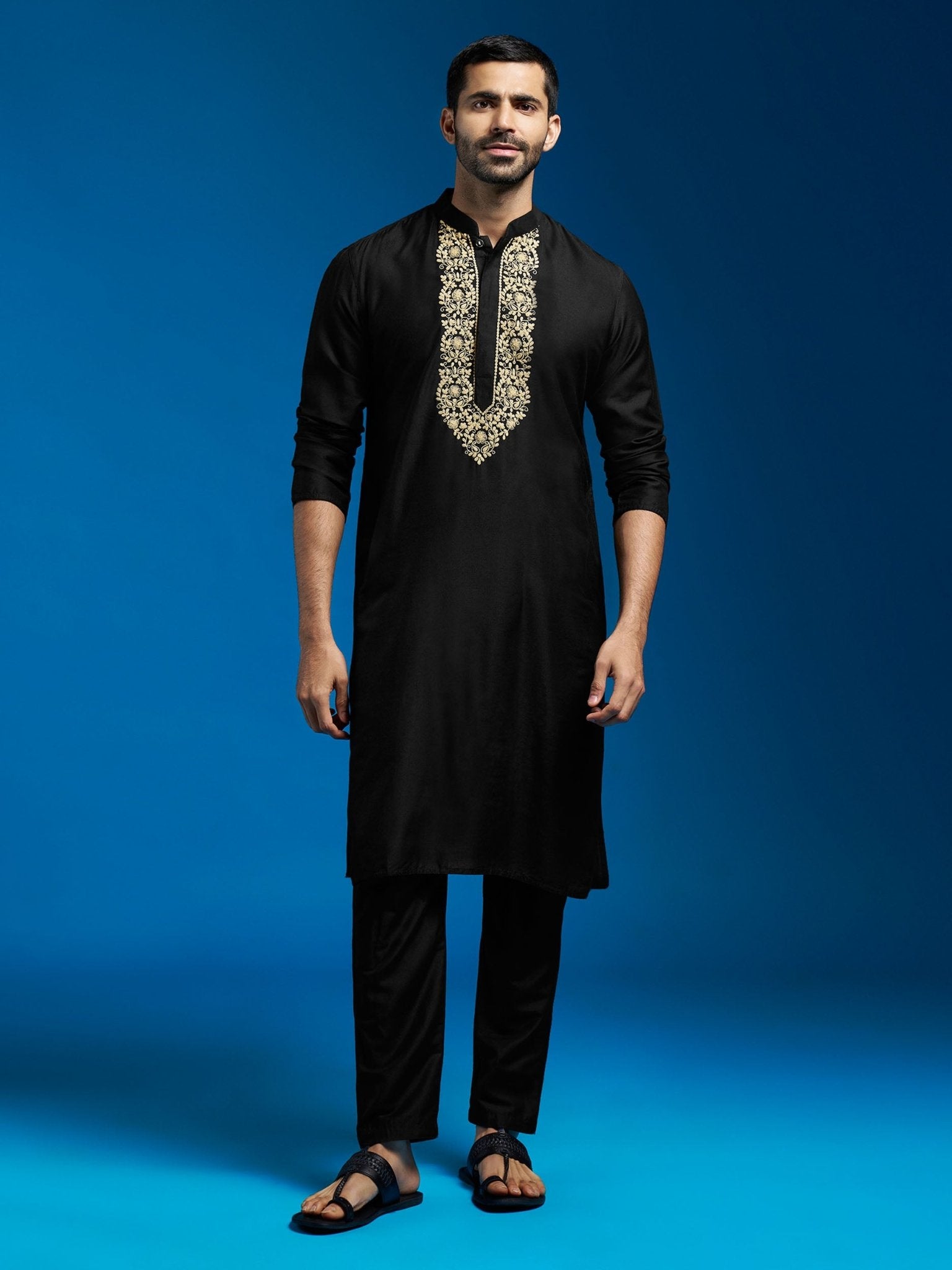vastramayMen's Black Viscose Hand Embroidered Floral Kurta with Satin Pyjama