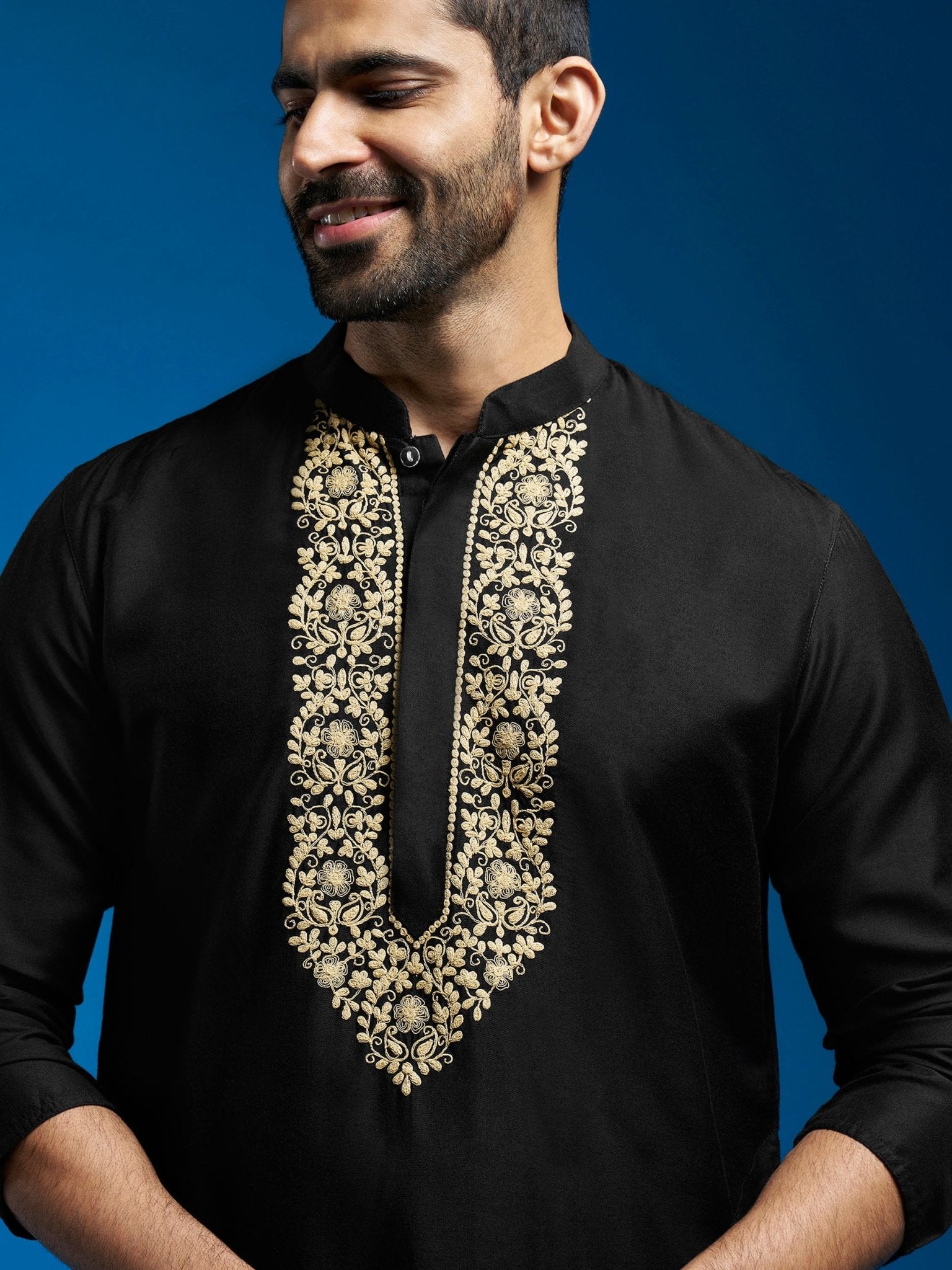 vastramayMen's Black Viscose Hand Embroidered Floral Kurta with Satin Pyjama