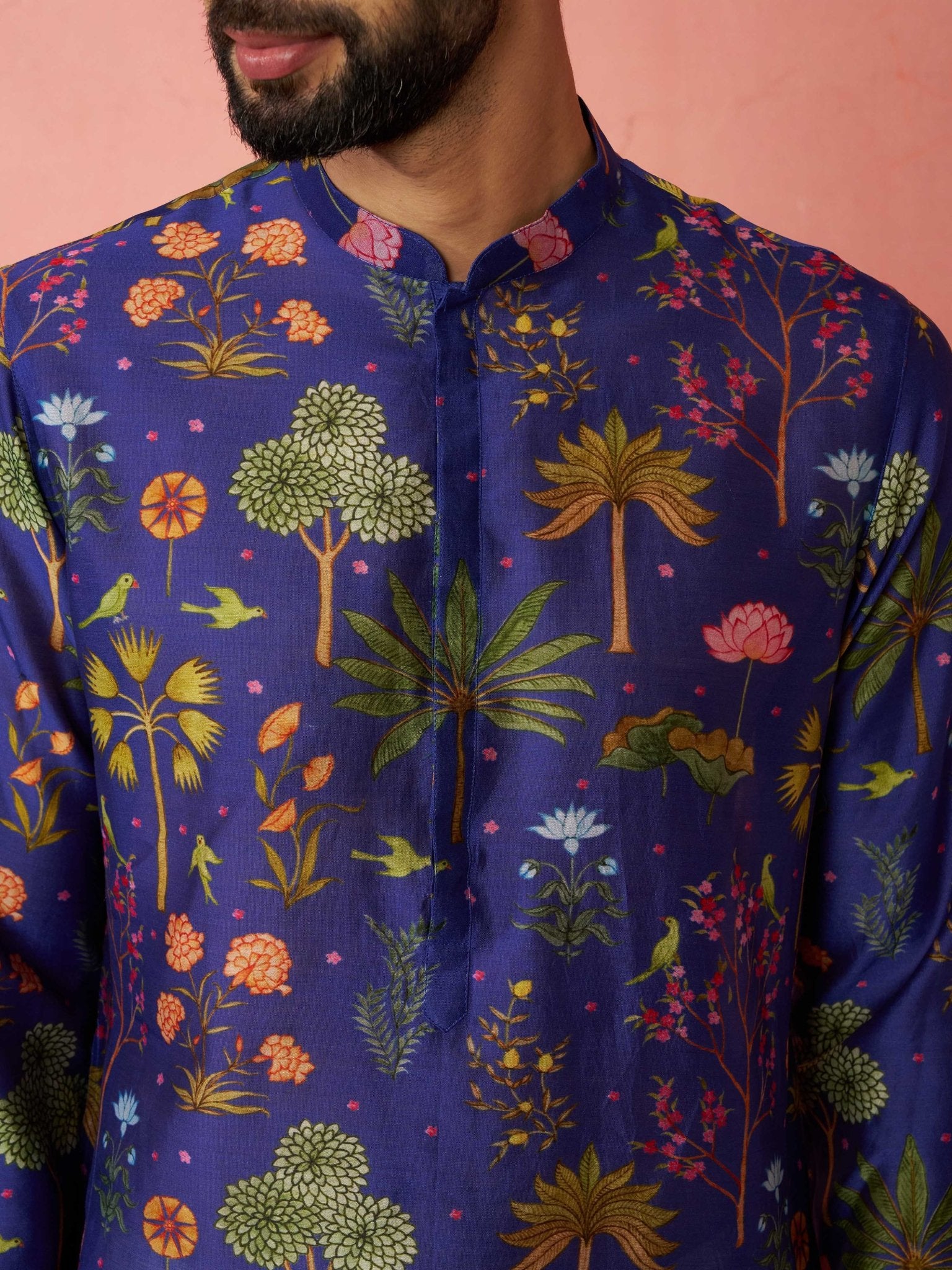 vastramayMen's Blue Digital Print Kurta with Cotton Lycra Pyjama Set