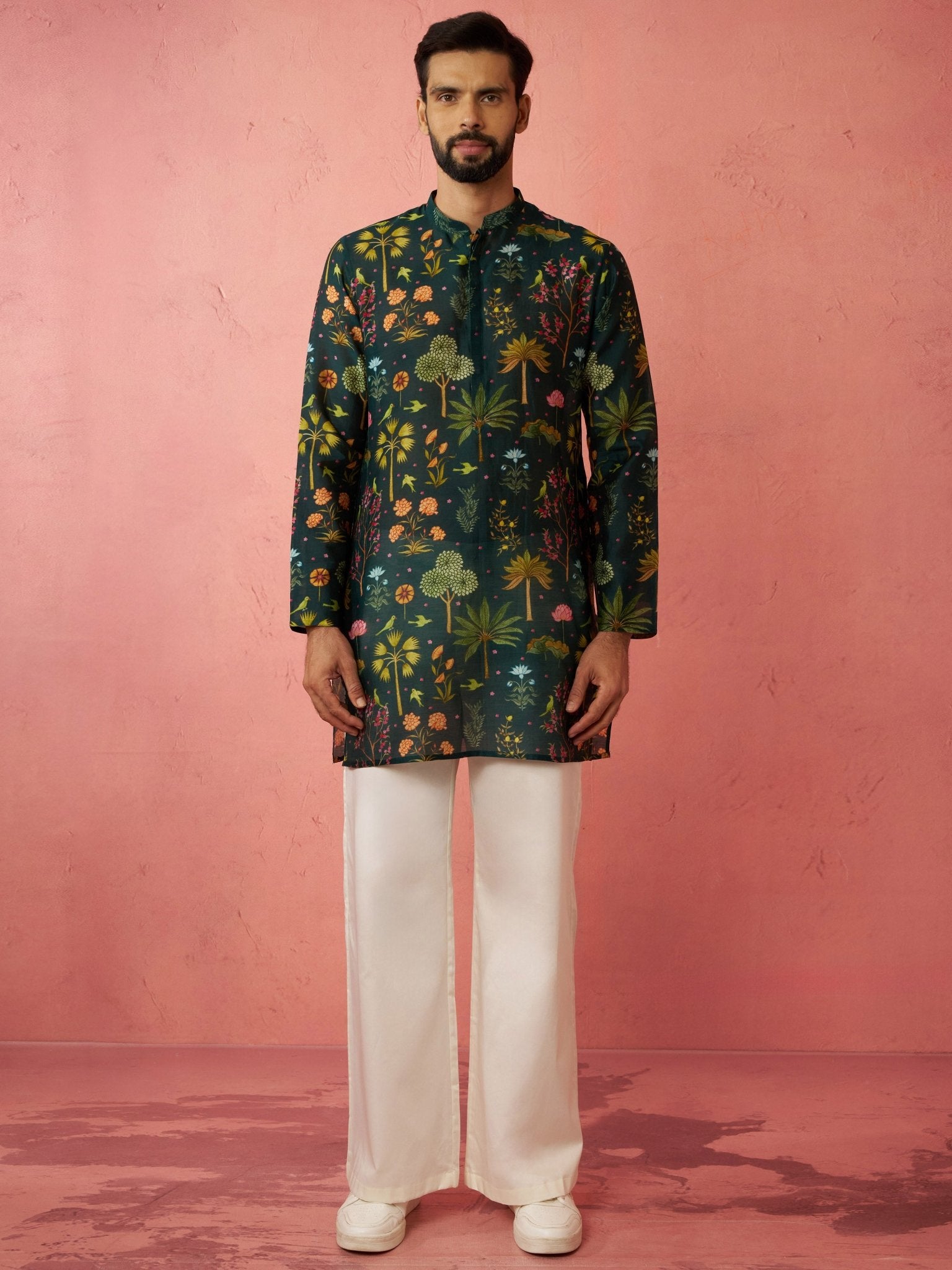 vastramayMen's Bottle Green Digital Print Kurta with Cream Satin Palazzo Set