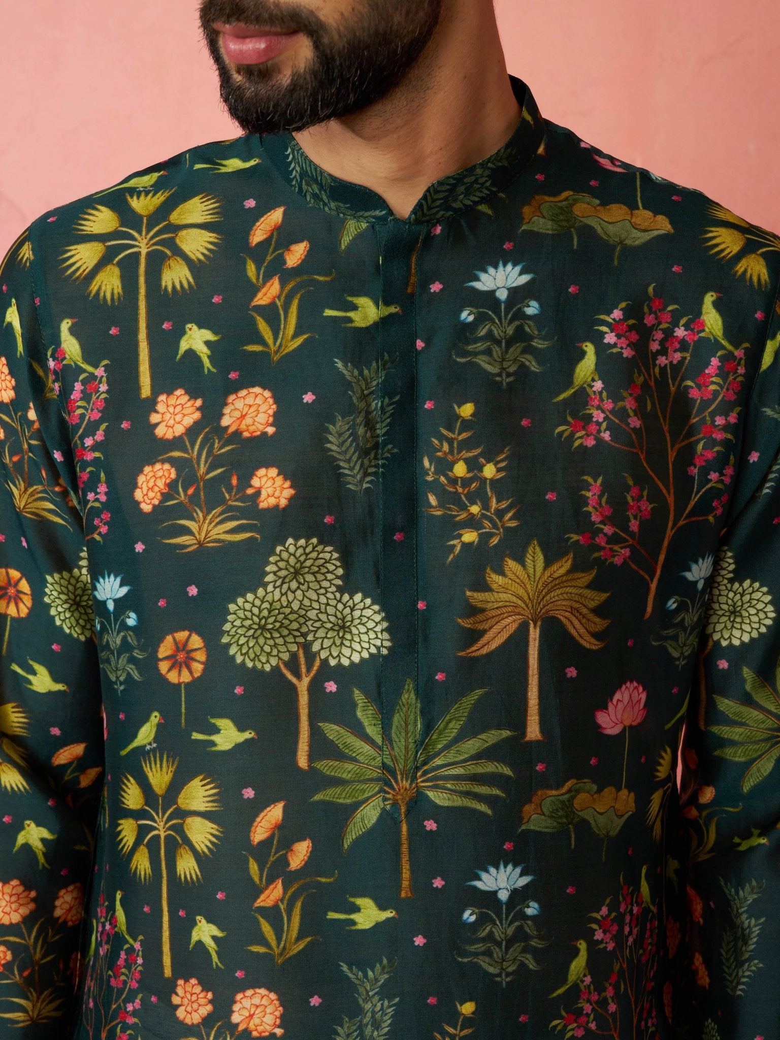 vastramayMen's Bottle Green Digital Print Kurta with Cream Satin Palazzo Set