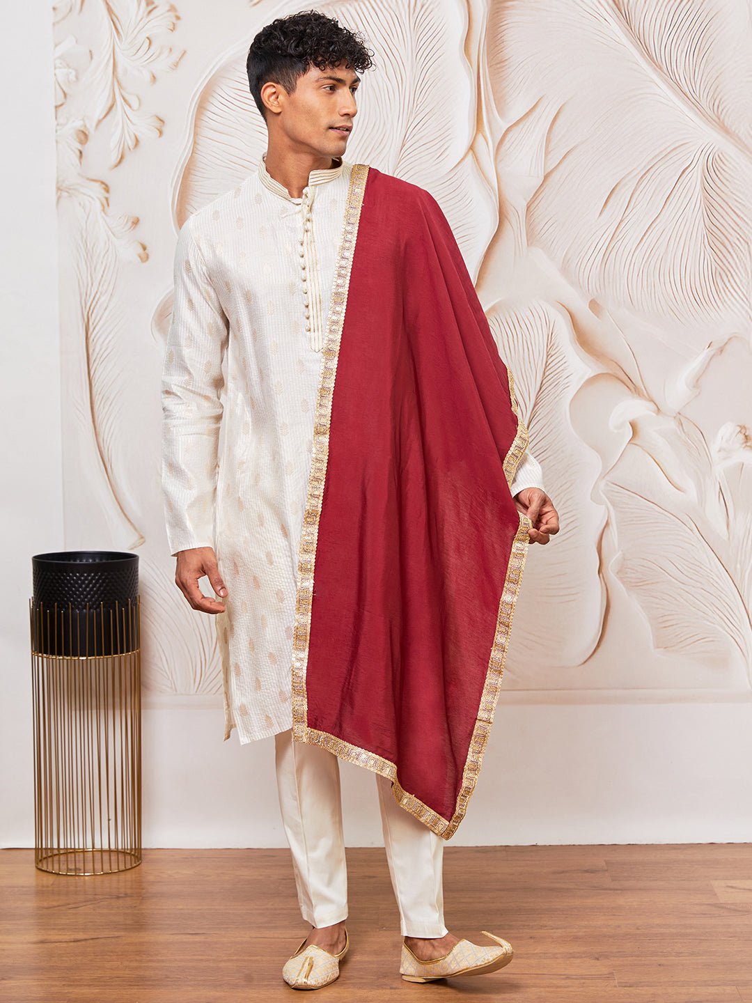 vastramayMen's Cream Gold Jacquard Zari Kurta with Pyjama and Maroon Lace Border Dupatta Set