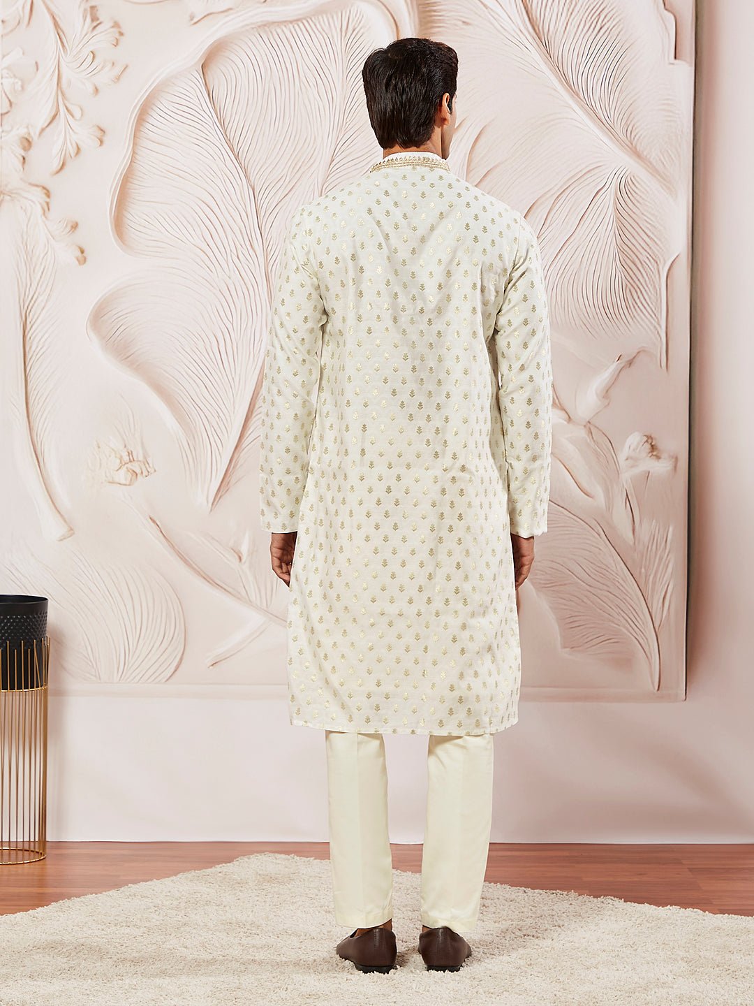 vastramayMen's Cream Jacquard Silk Blend Kurta Pyjama Set with Woven Dupatta
