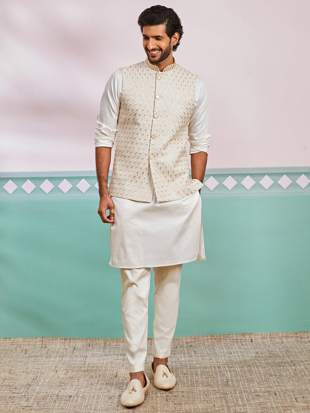 vastramayMen's Cream Kurta Pyjama Set with Off White Embroidered Nehru Jacket