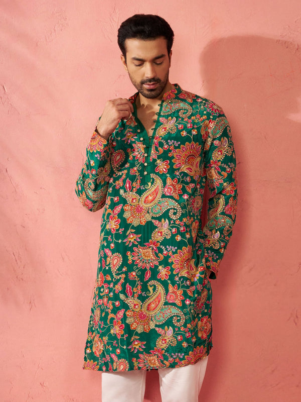 vastramayMen’s Green Crepe Zari Embroidered Mandarin Collar Kurta with Digital Floral Print