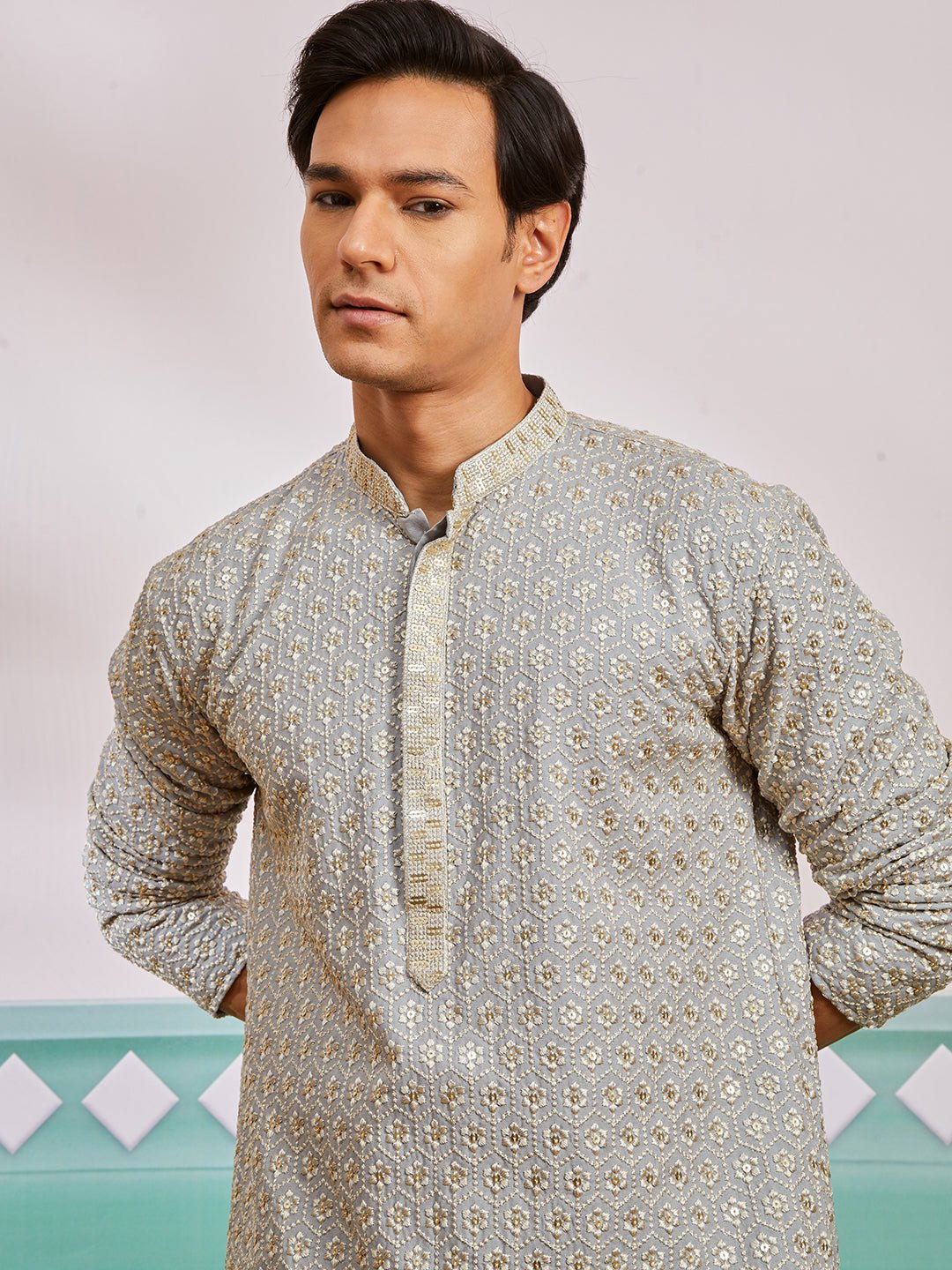 vastramayMen's Grey Chikankari Rayon Kurta with Cream Fine Satin Pyjama