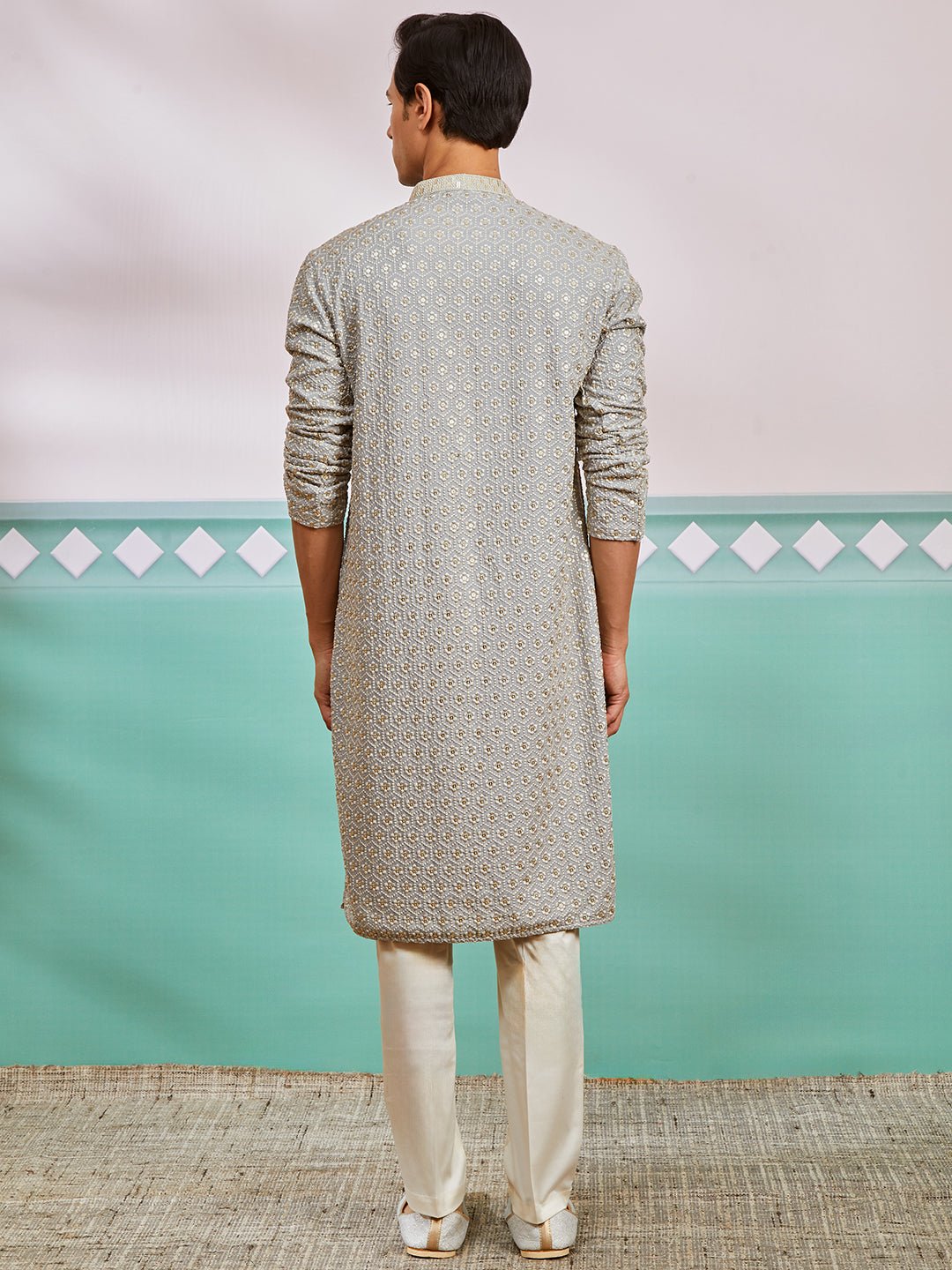 vastramayMen's Grey Chikankari Rayon Kurta with Cream Fine Satin Pyjama