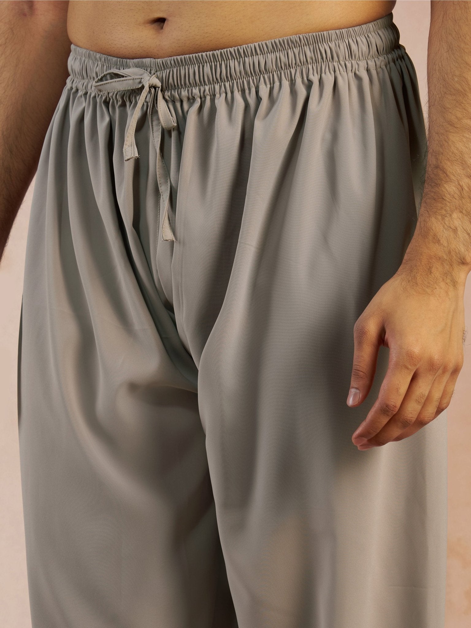 vastramayMen's Grey Solid Silk Blend Pathani Kurta with Patiala Pyjama Set