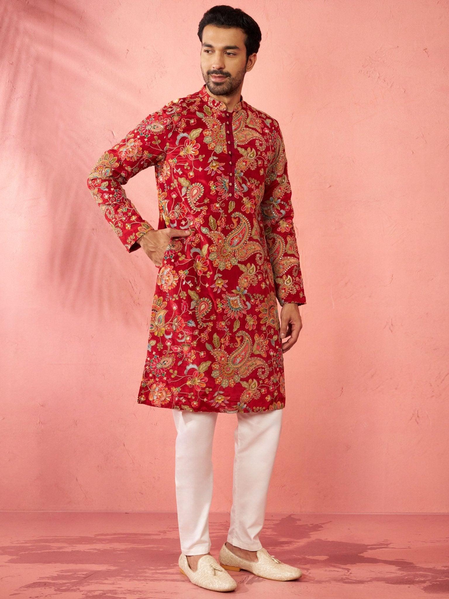 vastramayMen's Maroon Crepe Zari Embroidered Kurta Pyjama Set